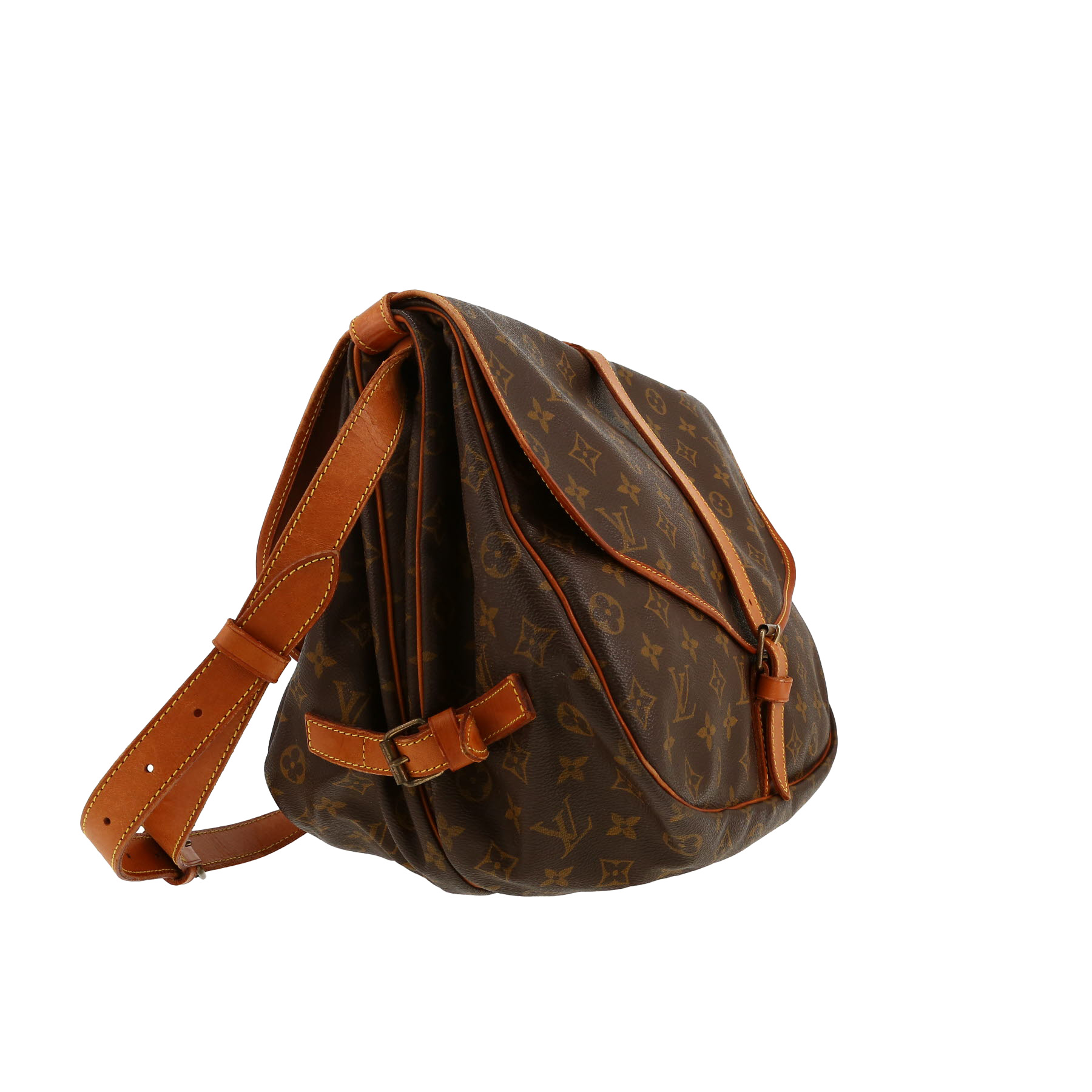 Sac bandoulière Louis Vuitton  Saumur grand modèle  en toile monogram enduite marron et cuir naturel