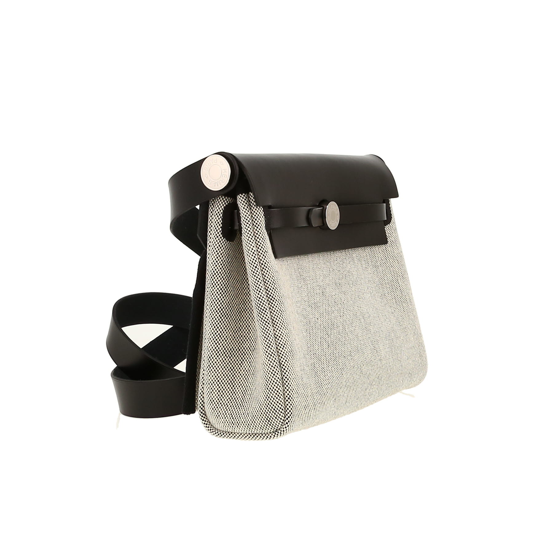 Sac bandoulière Hermès  Herbag mini  en toile beige et noire et cuir noir