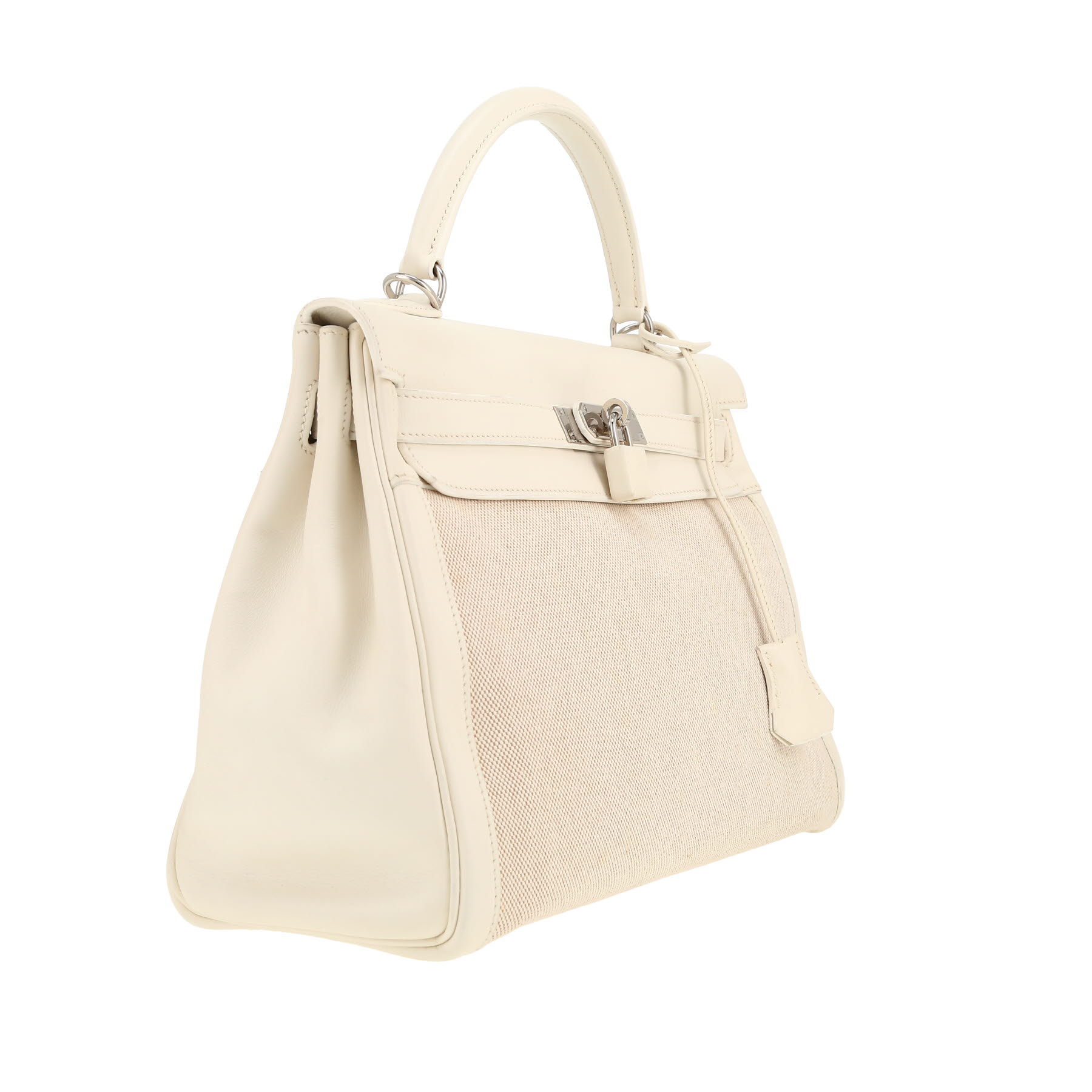 Hermès  Kelly 32 cm handbag  in beige canvas  and white Swift leather