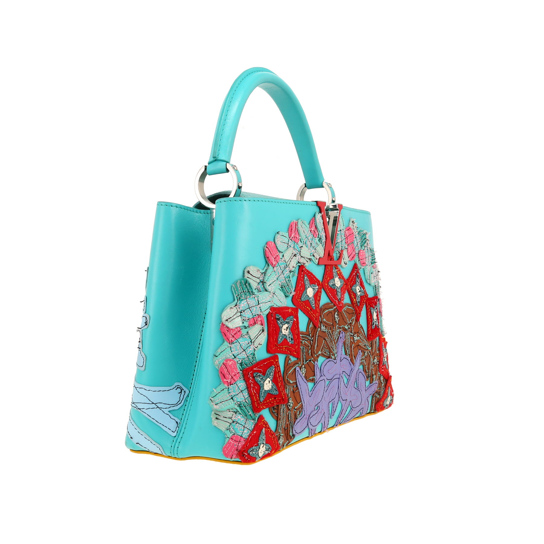 Louis Vuitton  Capucines MM shoulder bag  in blue, pink, red and purple leather  and blue lizzard