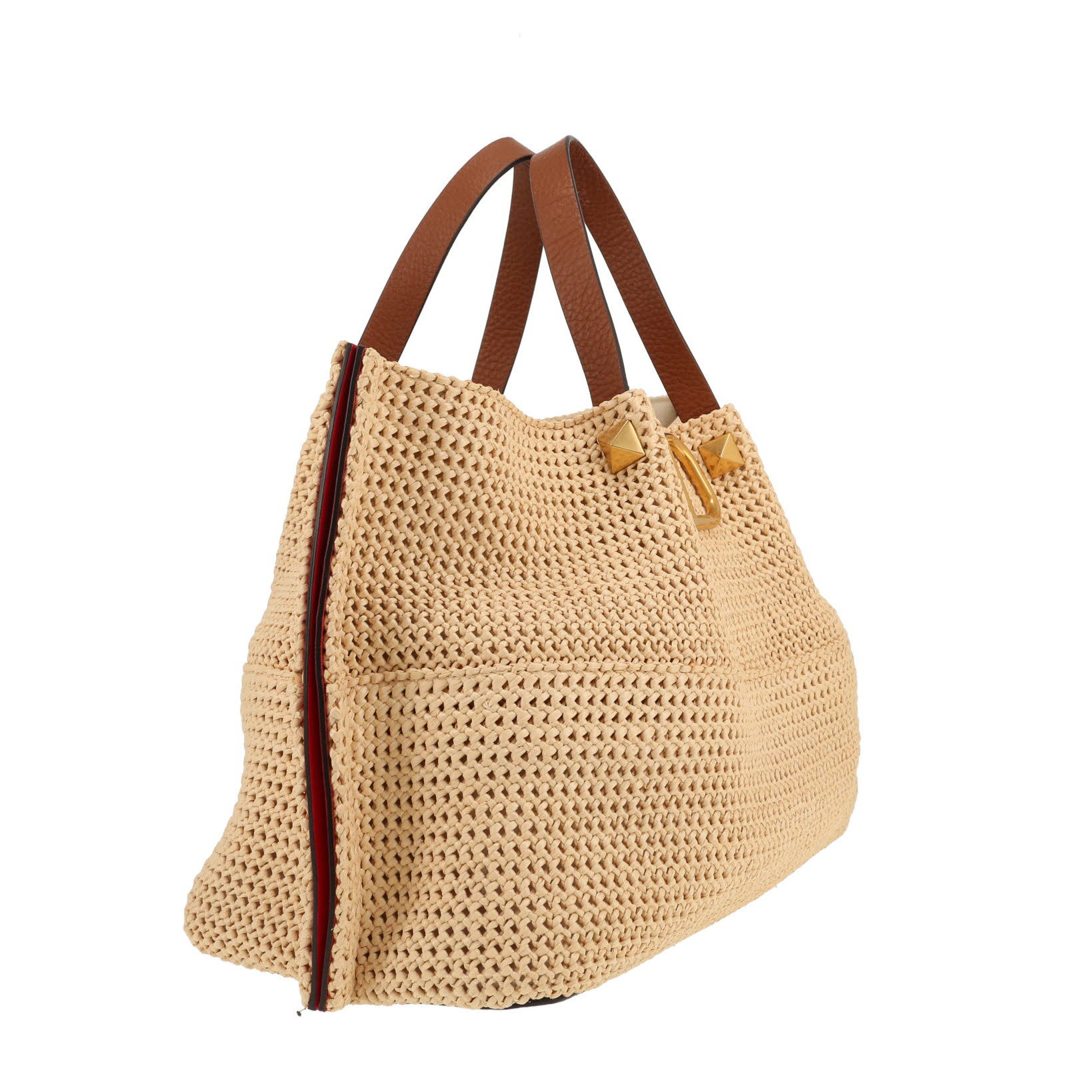 Valentino Garavani   shopping bag  in beige raphia  and brown leather