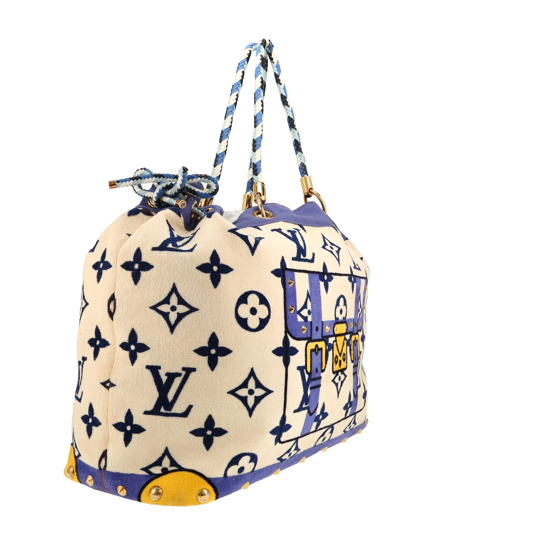 Sac cabas Louis Vuitton Trunk Editions Limitées en tissu-éponge noir blanc et bleu Sac cabas Louis Vuitton Trunk Editions Limitées en tissu-éponge noir blanc et bleu
