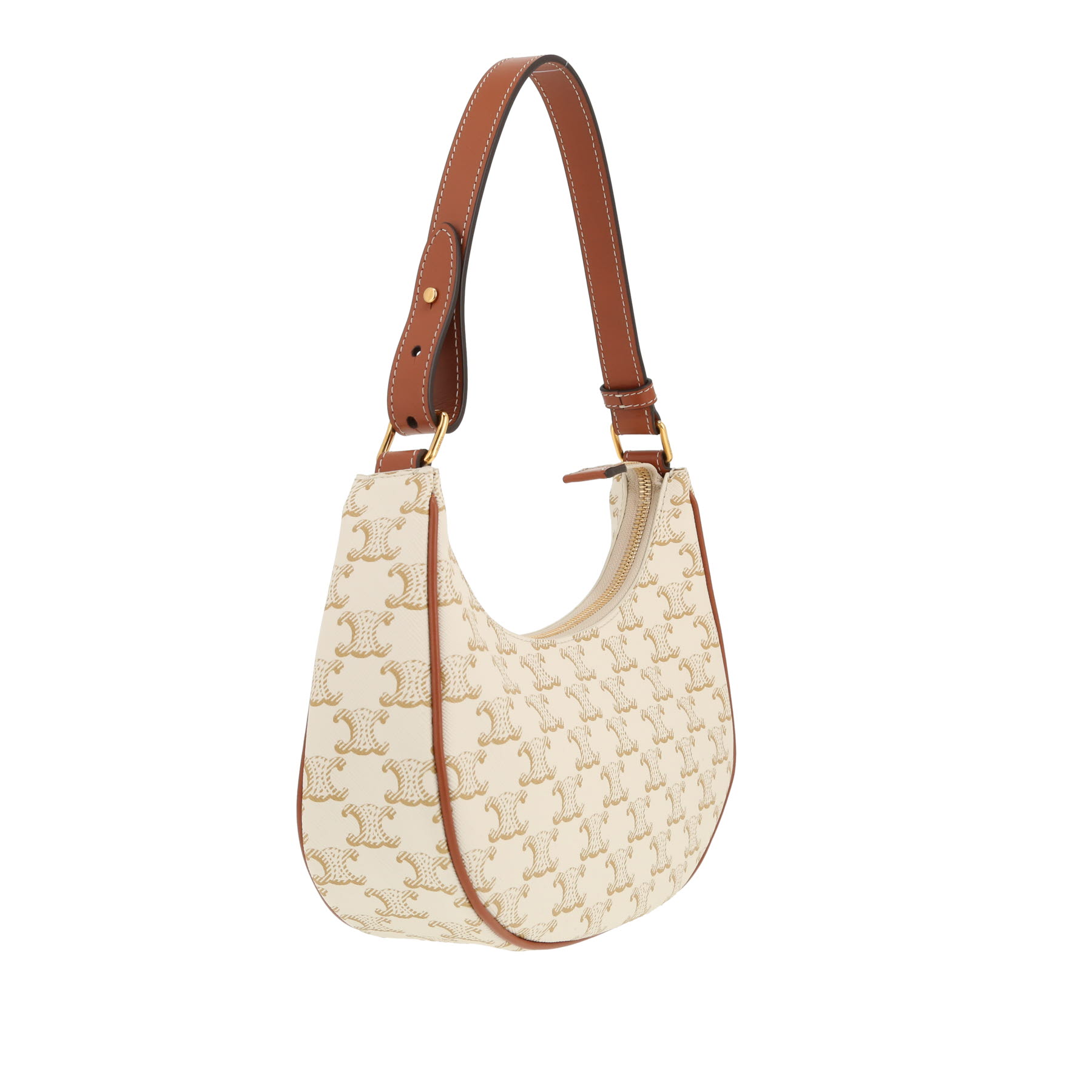 Celine  Ava medium model  handbag  in white "Triomphe" canvas  and brown leather