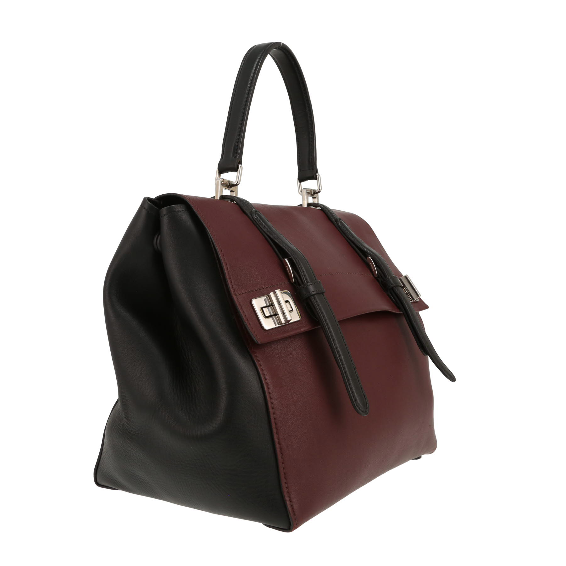 Prada  Double Turn Lock handbag  in burgundy and black leather