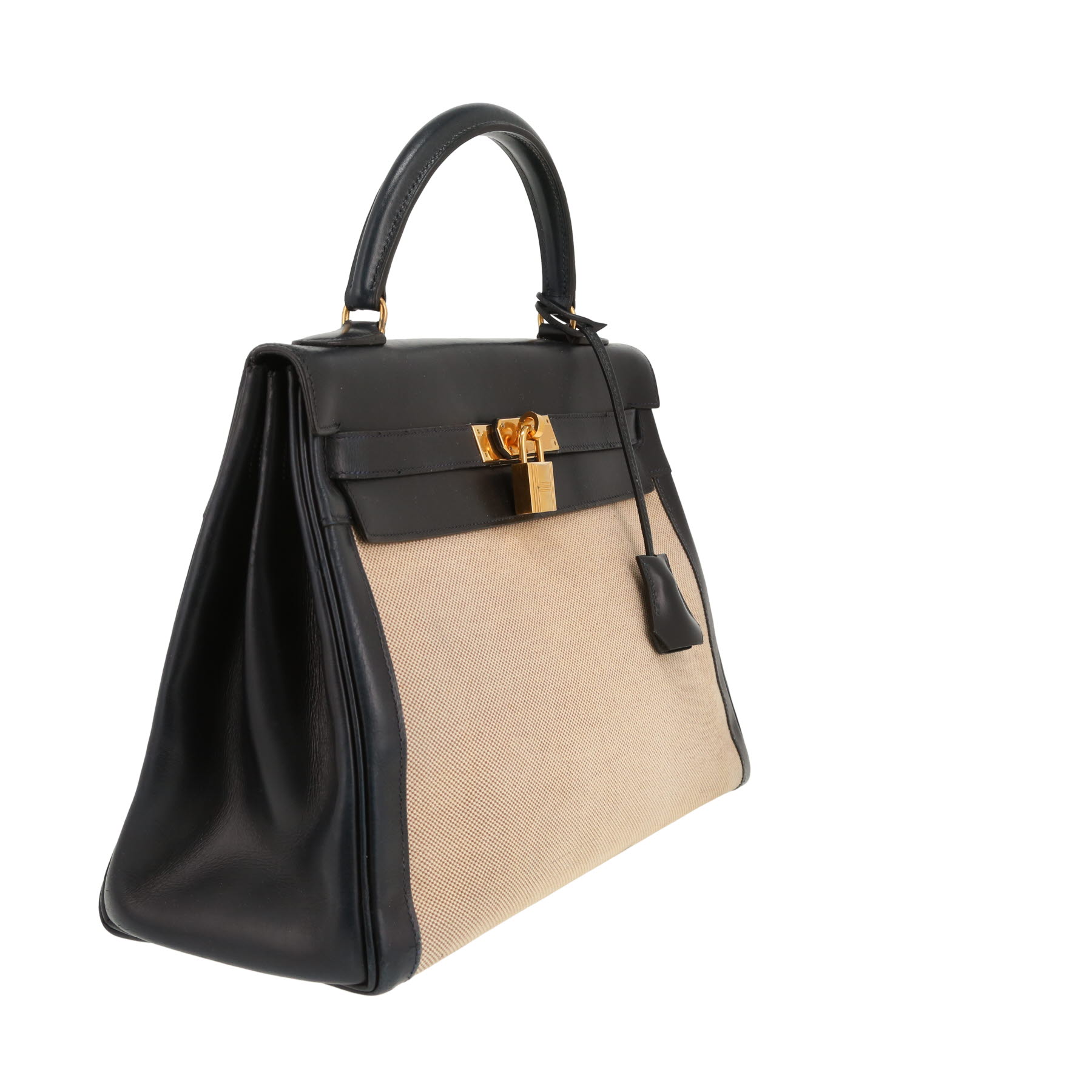 Borsa Hermès  Kelly 32 cm in pelle box blu marino e tela beige