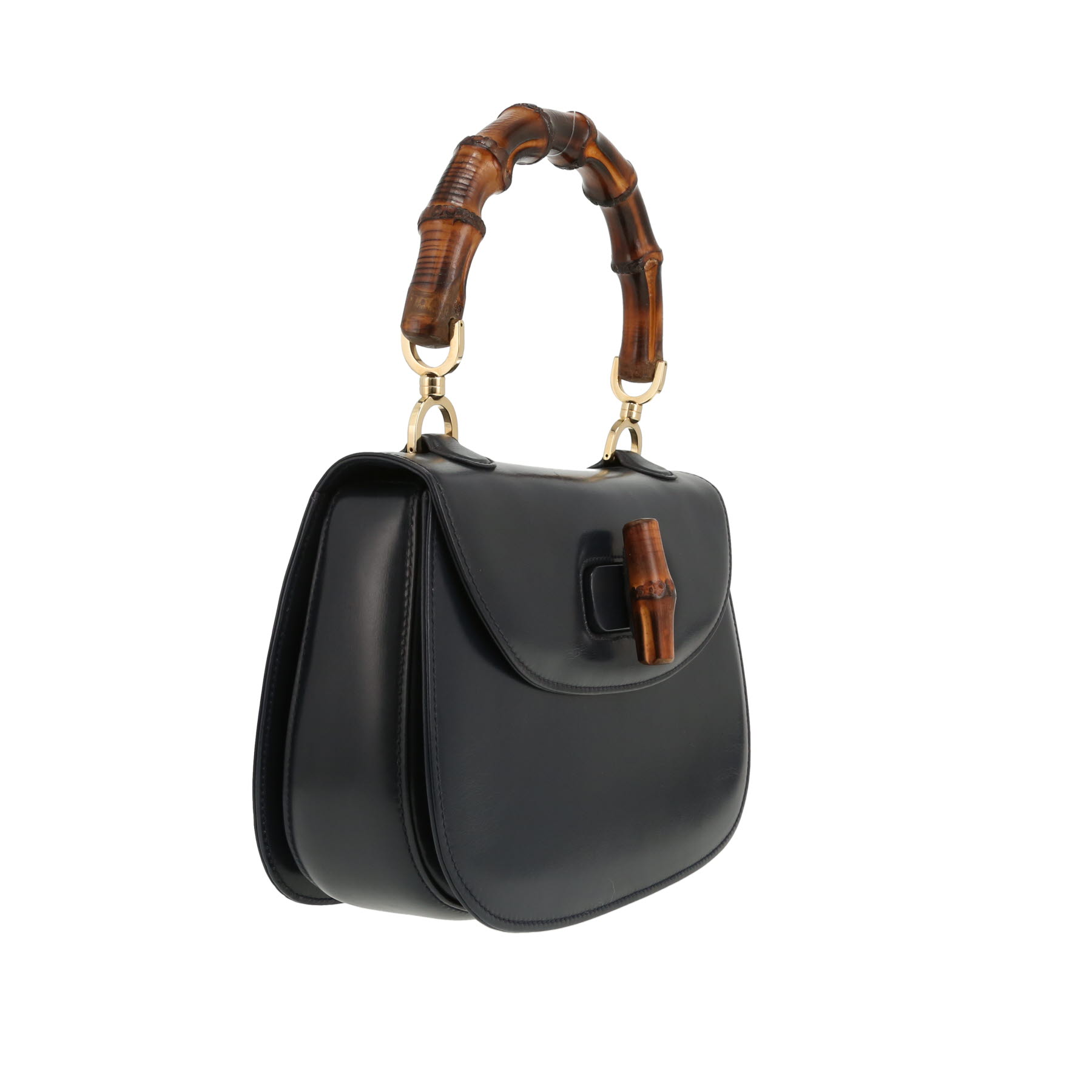 Gucci  Bamboo shoulder bag  in navy blue leather  and bamboo