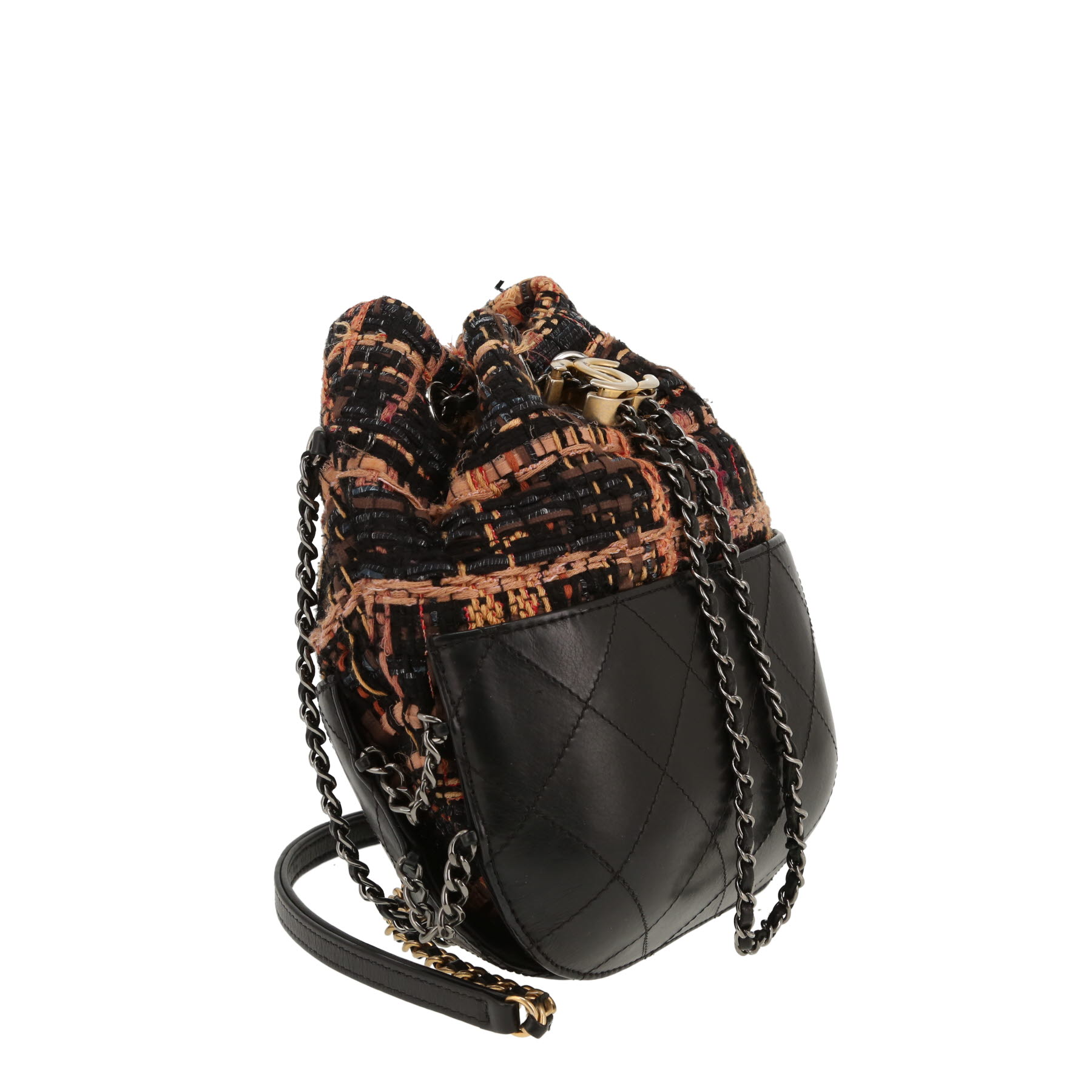 Chanel  Gabrielle Bucket shoulder bag  in black, pink and orange tweed  and black leather