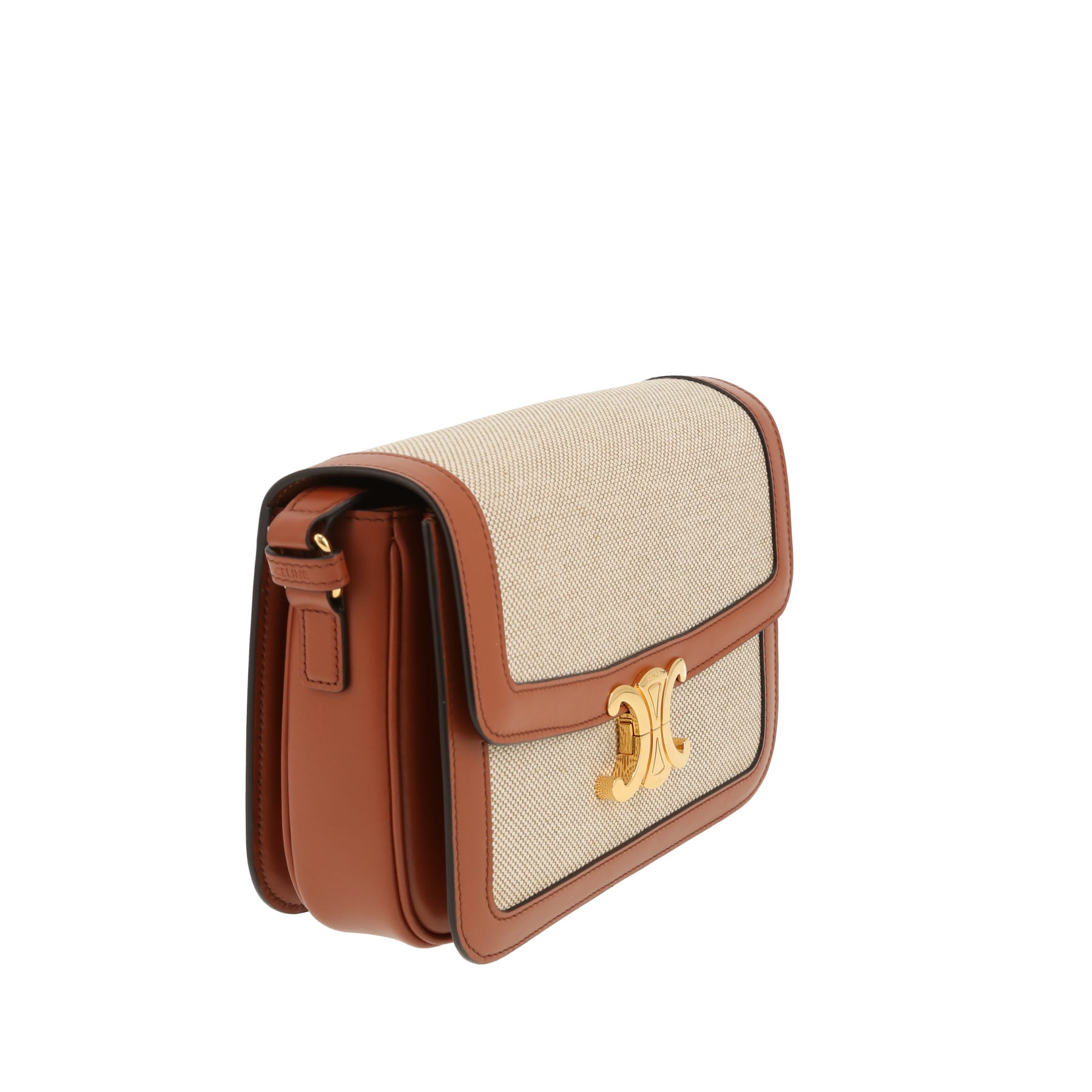 Celine Triomphe shoulder bag in beige canvas and brown leather