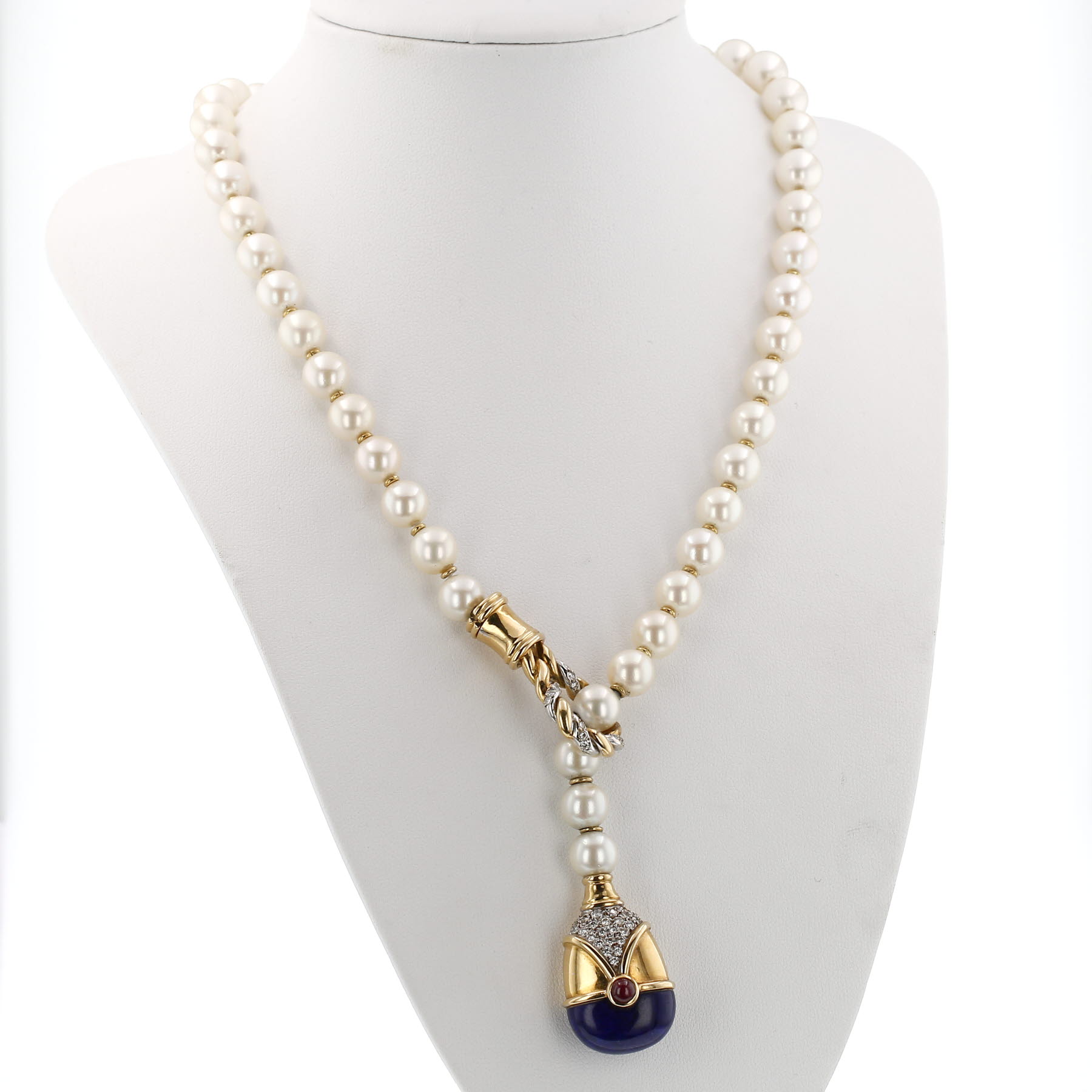 Collana Vintage in oro giallo, perle coltivate, lapislazzuli, diamanti e rubini