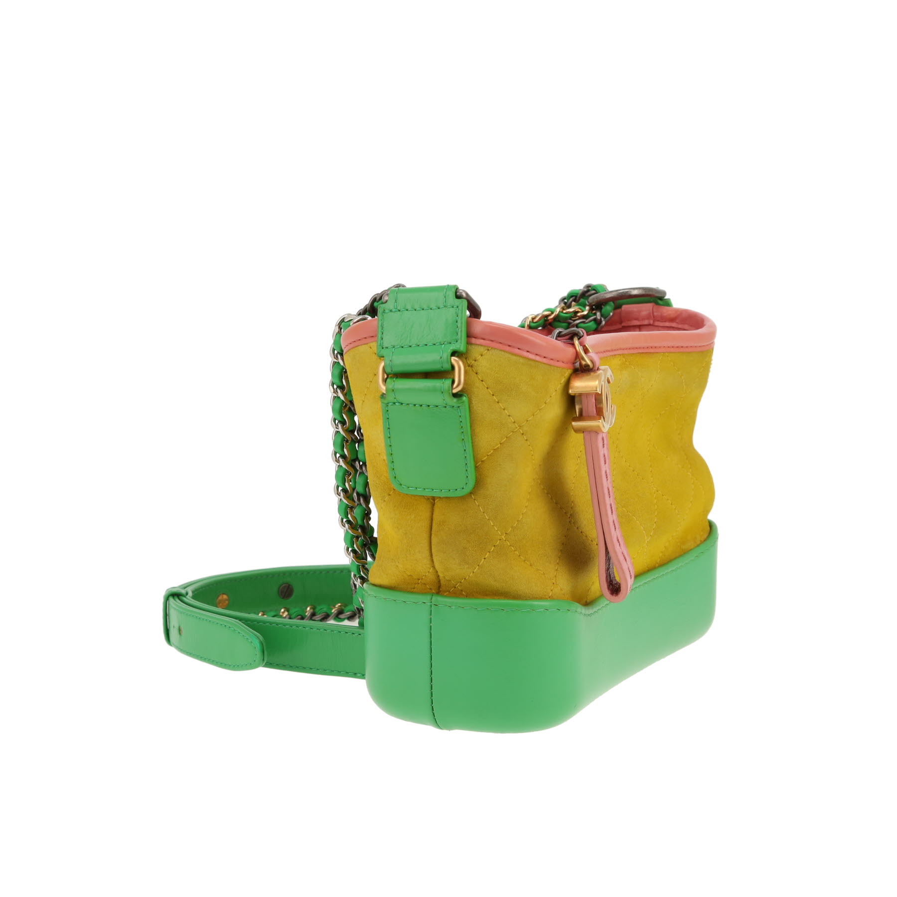 Sac bandoulière Chanel  Gabrielle  petit modèle  en cuir vert et rose et Veau velours jaune