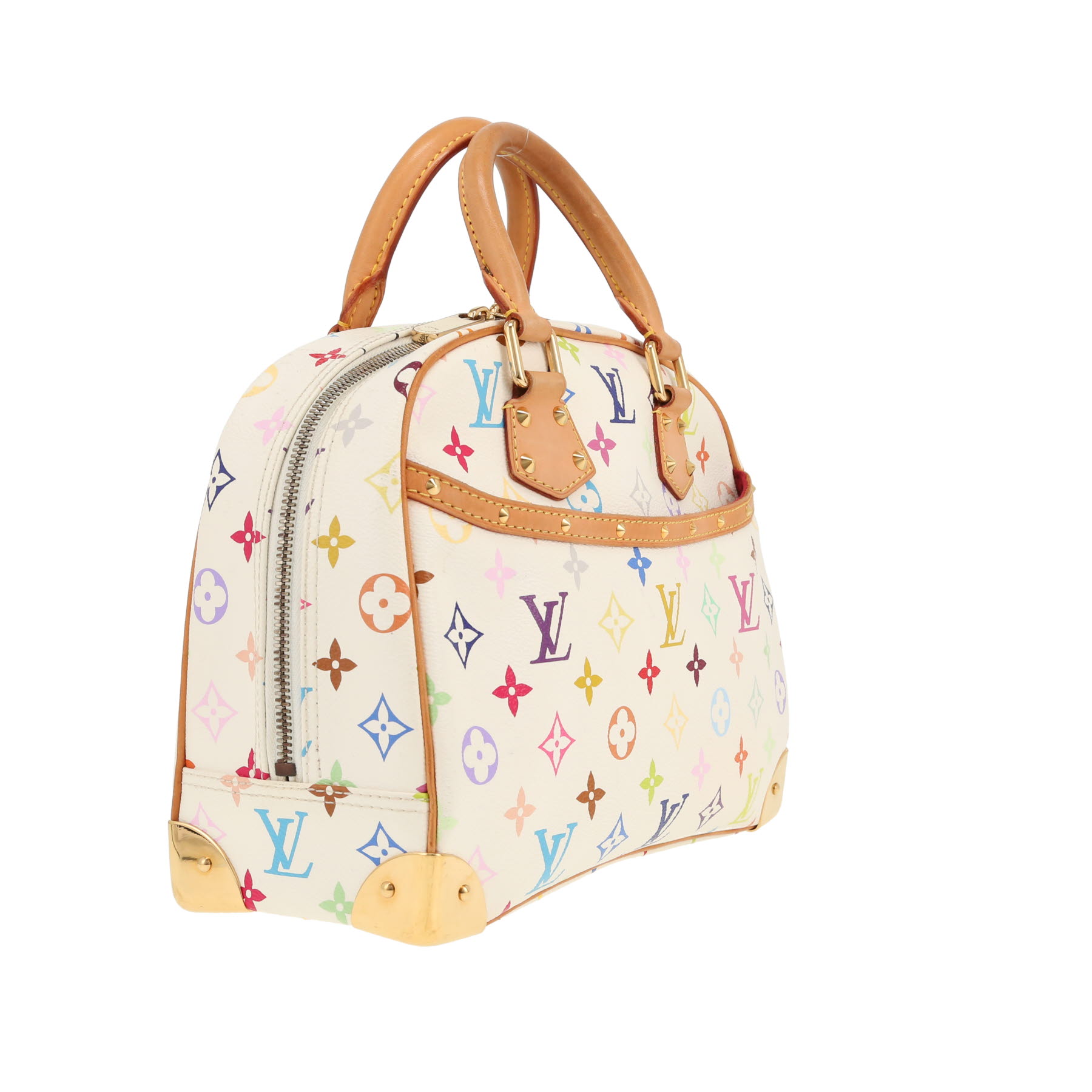 Sac à main Louis Vuitton x Murakami Trouville en toile monogram blanche et multicolore et cuir naturel