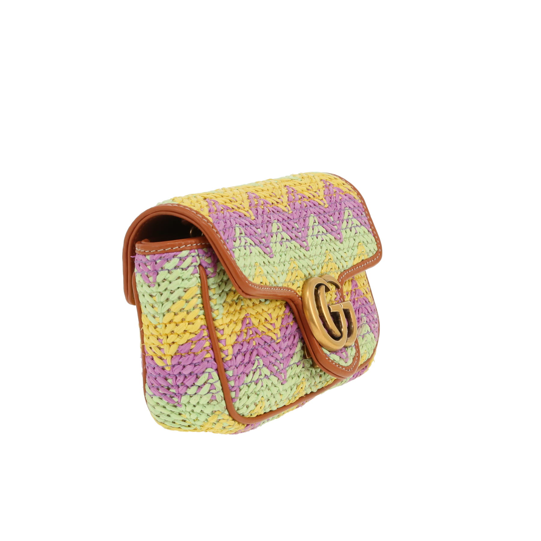 Borsa a tracolla Gucci  GG Marmont mini  in rafia gialla viola e verde e pelle marrone