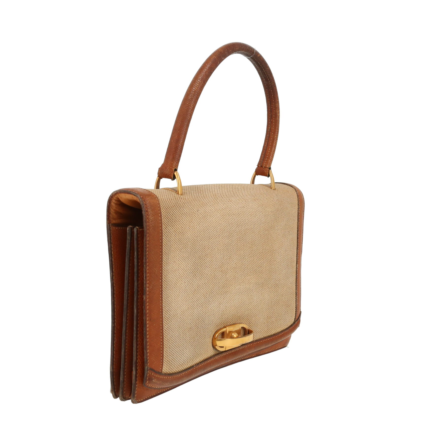 Bolso de mano Hermès  Vintage en tejido "H" y cuero Courchevel color oro