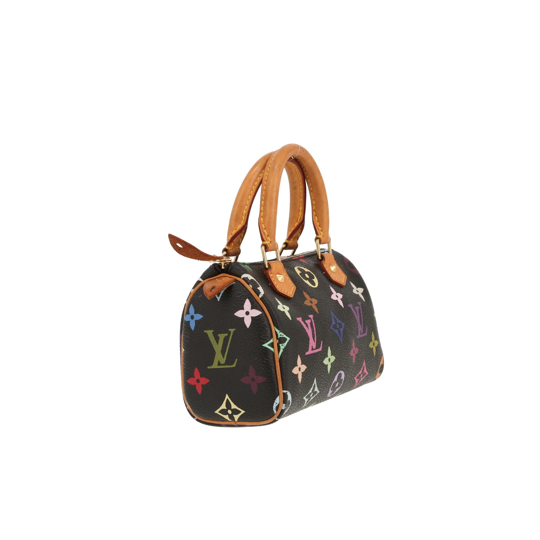 Bolso de mano Louis Vuitton  Nano Speedy en lona Monogram negra y multicolor y cuero natural