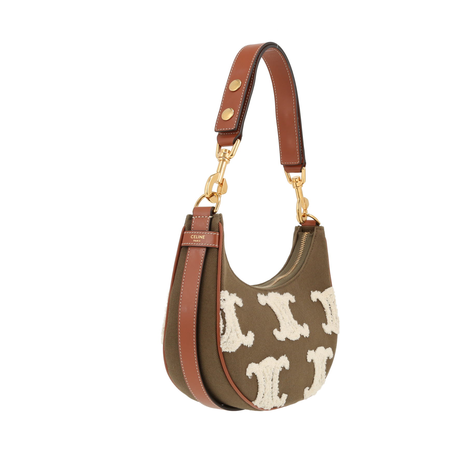 Bolso de mano Celine  Ava en lona caqui y blanca y cuero marrón