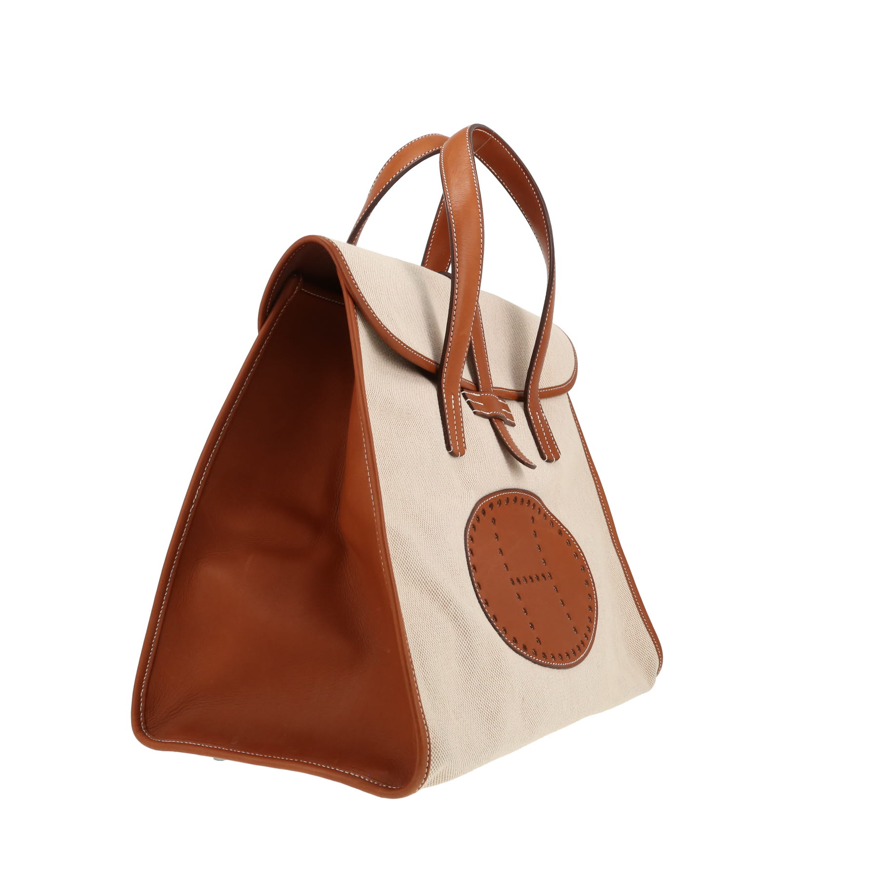 Hermès   handbag  in fawn Barenia leather  and beige canvas