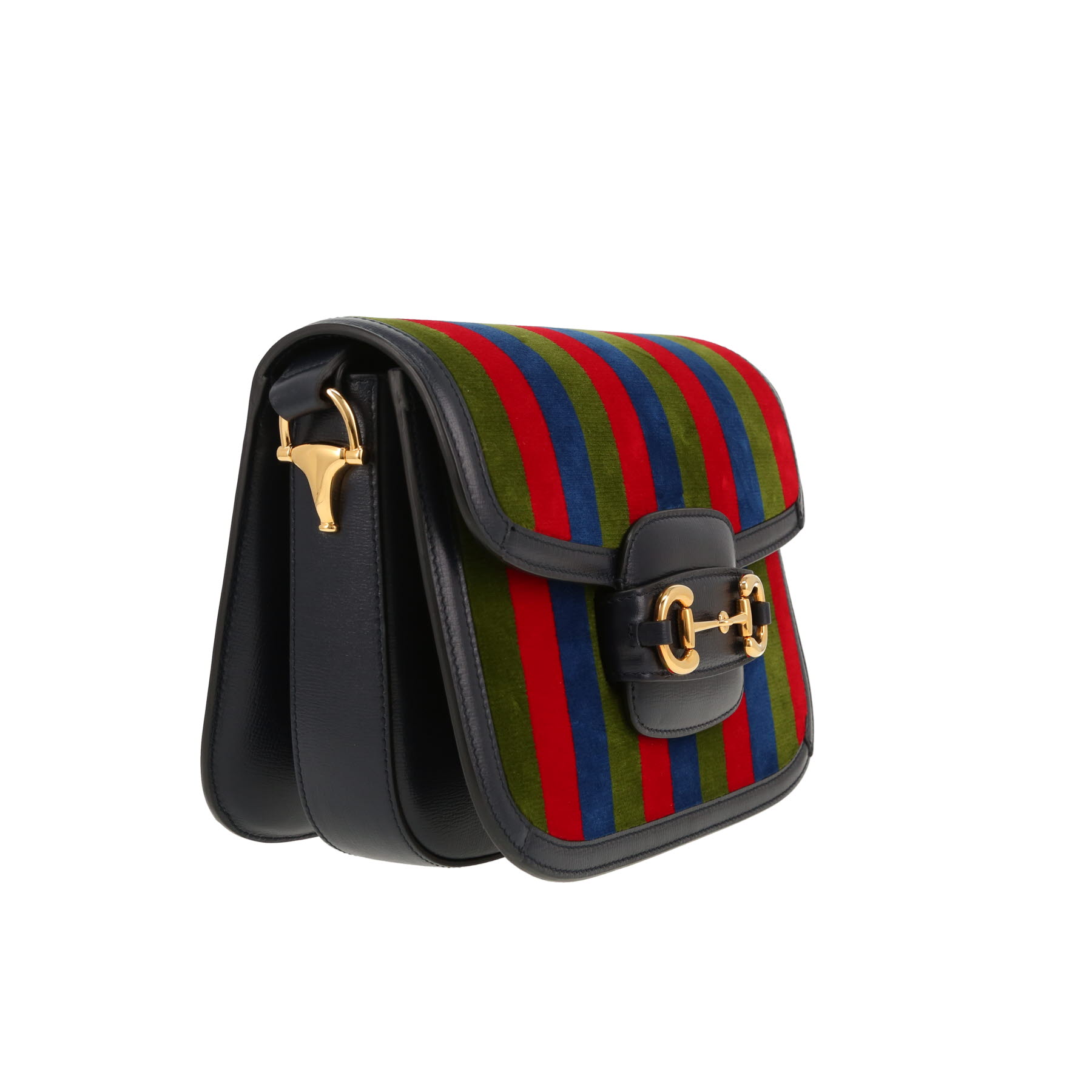 Sac bandoulière Gucci  1955 Horsebit petit modèle  en velours bleu-marine vert et rouge et cuir bleu