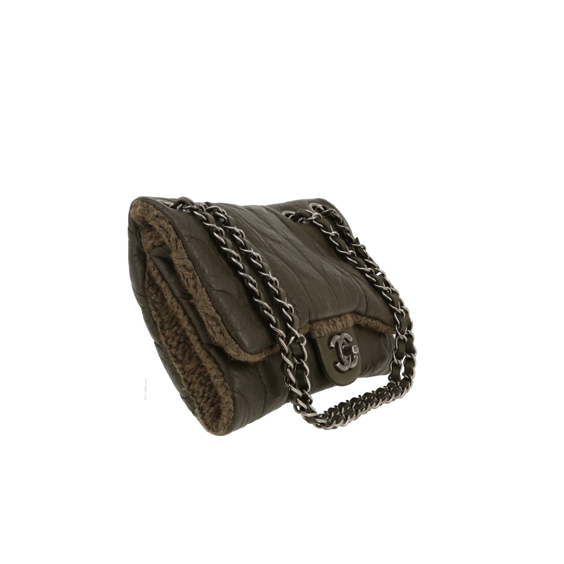 Bolso de mano Chanel   en cuero caqui y tejido de lana caqui