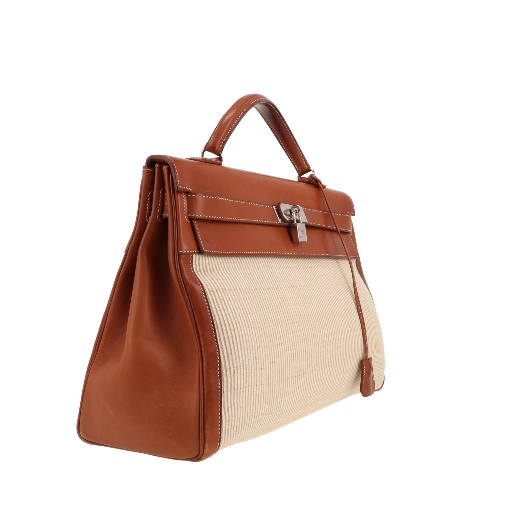 Bolso de mano Hermès  Kelly 40 cm en cuero Barenia rojizo y crin de caballo trenzada beige