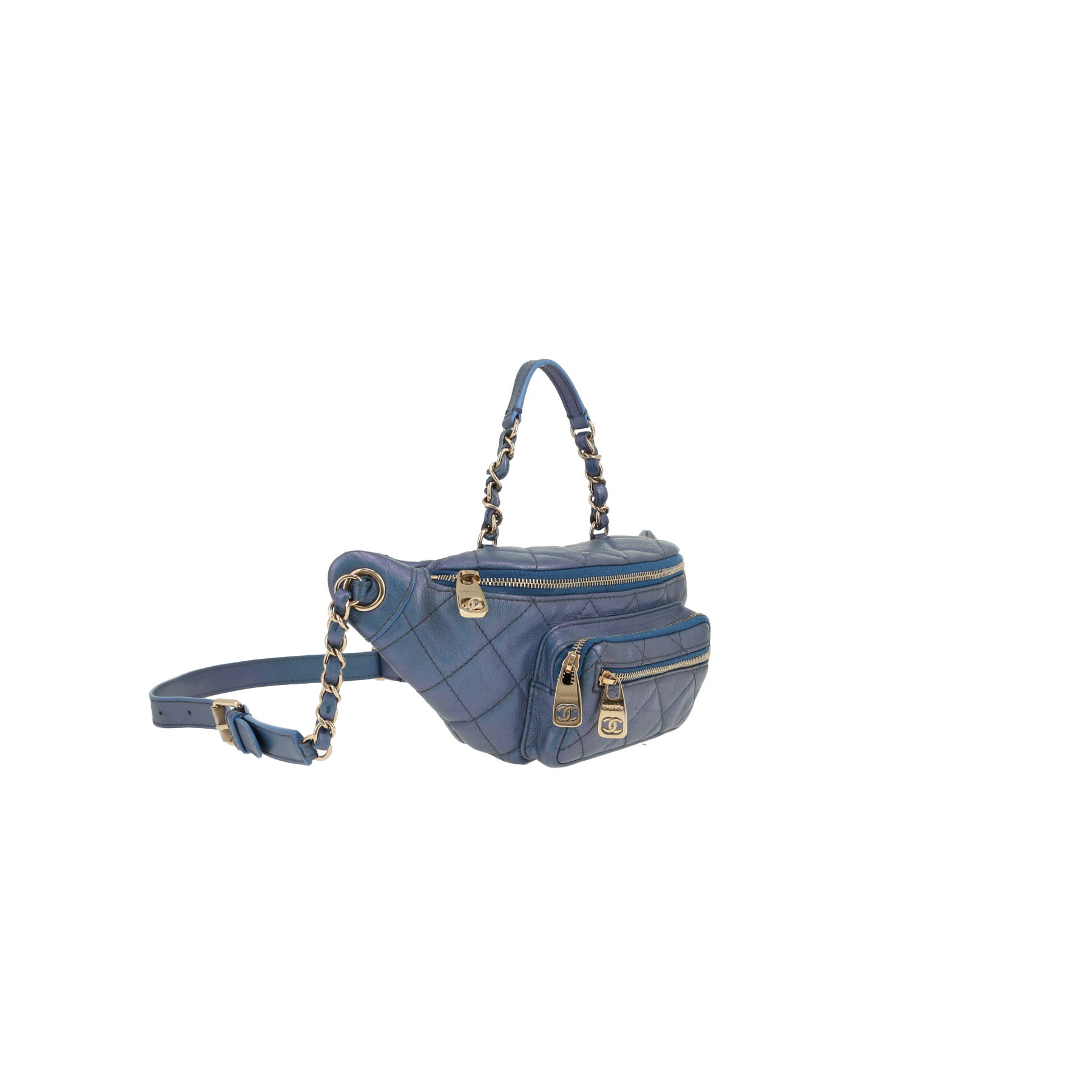 Bolsito-cinturón Chanel   en cuero irisado acolchado  azul