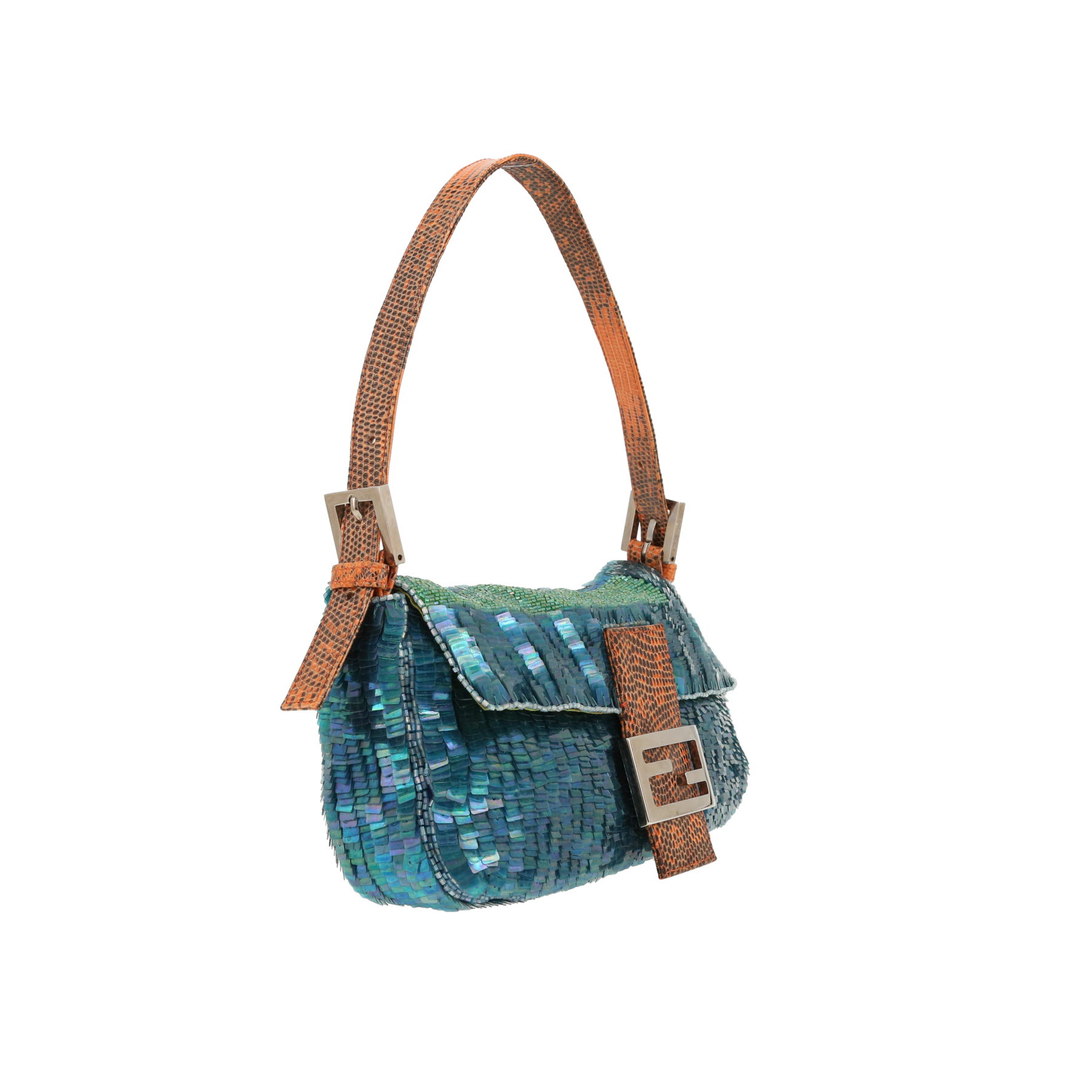 Sac à main Fendi  Baguette en toile bleue et verte et lézard orange