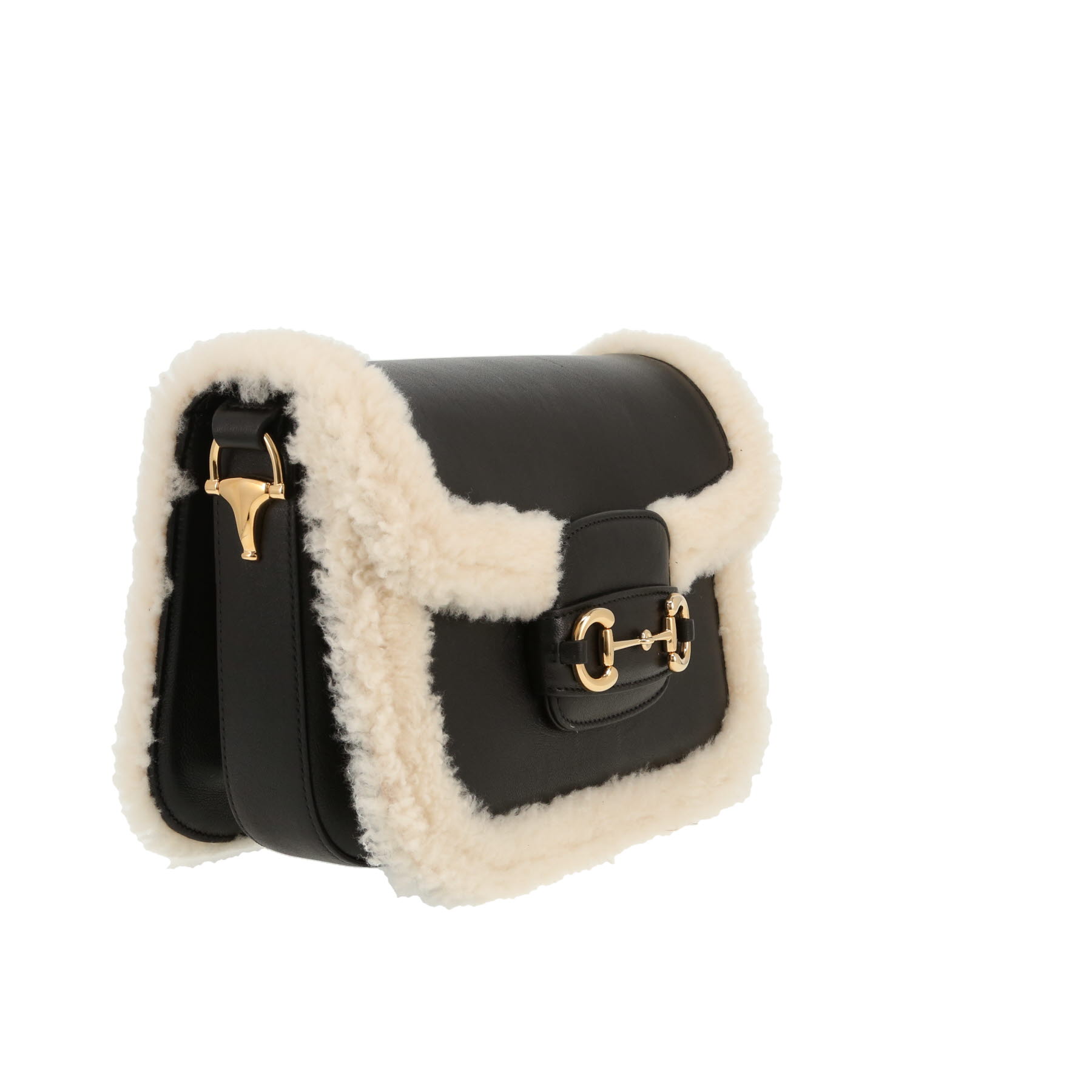 Sac bandoulière Gucci  1955 Horsebit en cuir lisse noir et peau retournée blanche