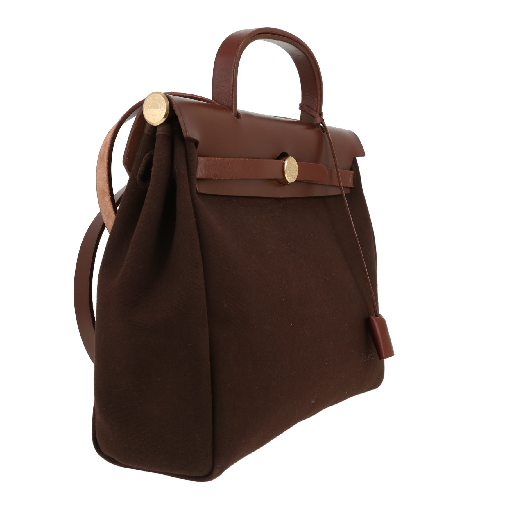 Hermès  Herbag bag worn on the shoulder or carried in the hand  in brown canvas  and brown leather