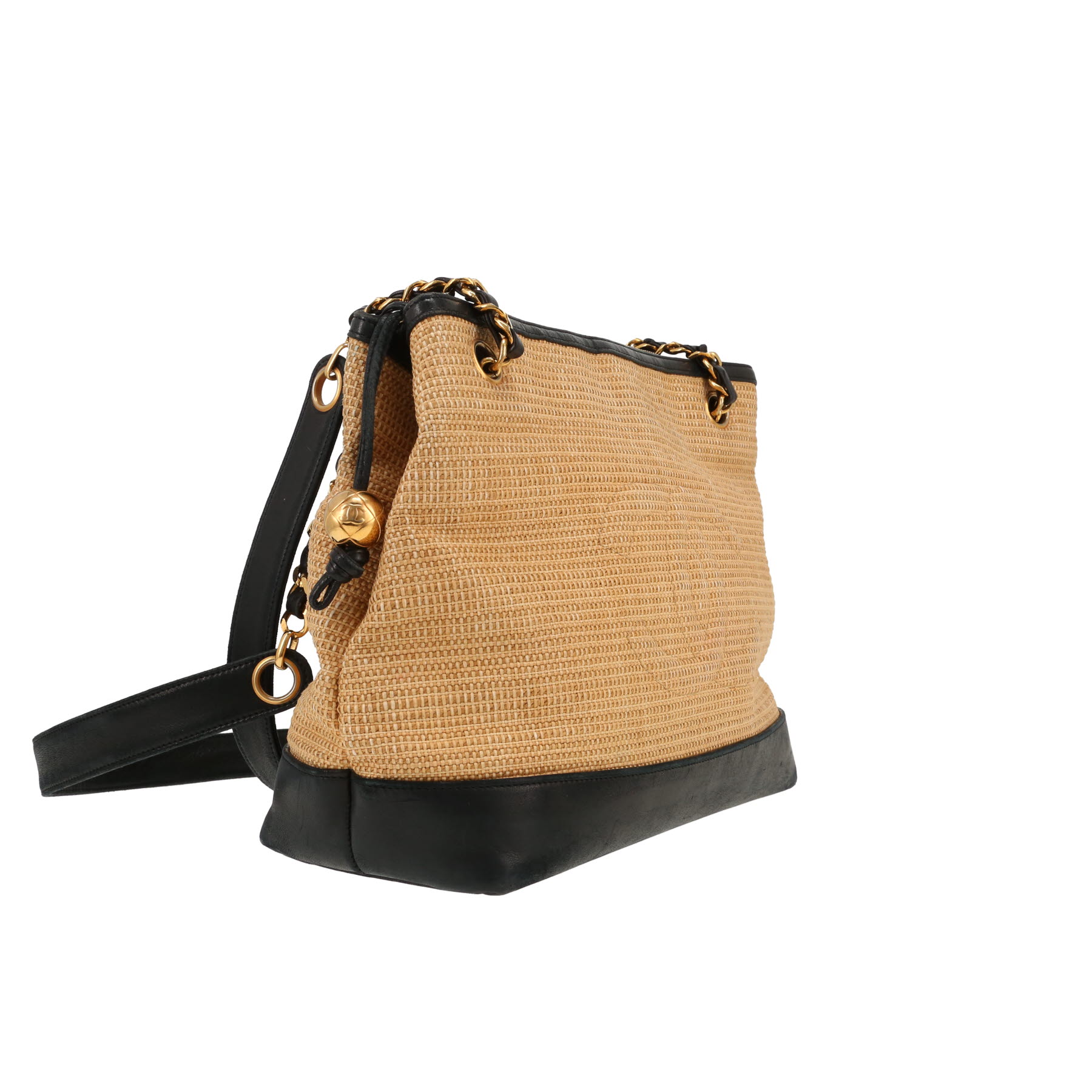 Vintage Chanel ‘Shopping’ handbag in raffia and black leather