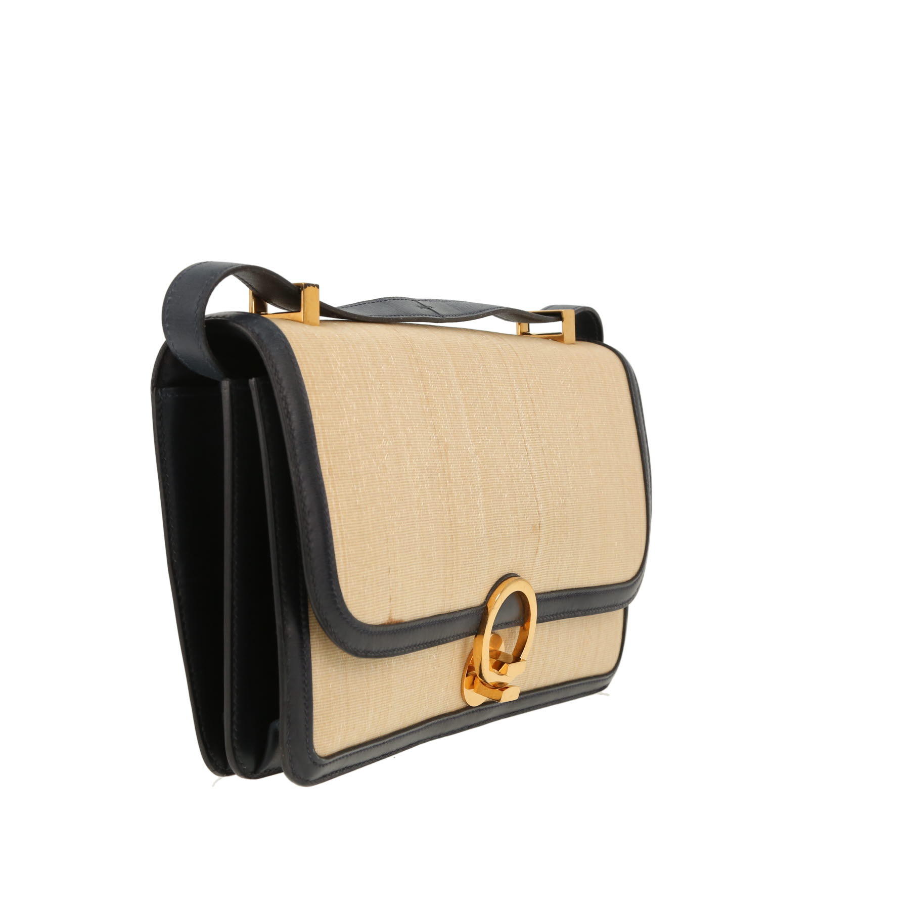 Hermès  Ring shoulder bag  in beige horsehair  and navy blue box leather