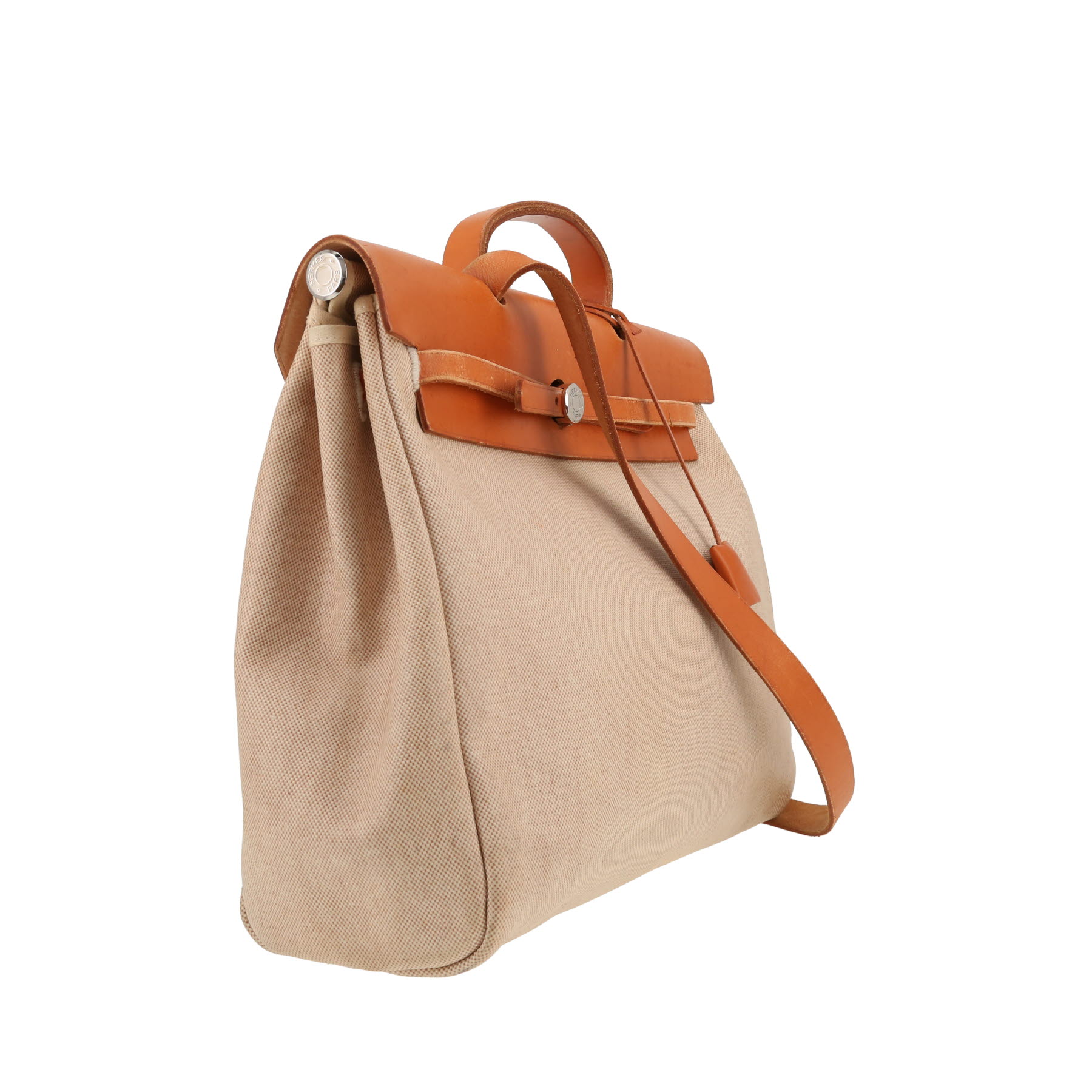 Sac porté épaule ou main Hermès  Herbag en toile beige et cuir naturel