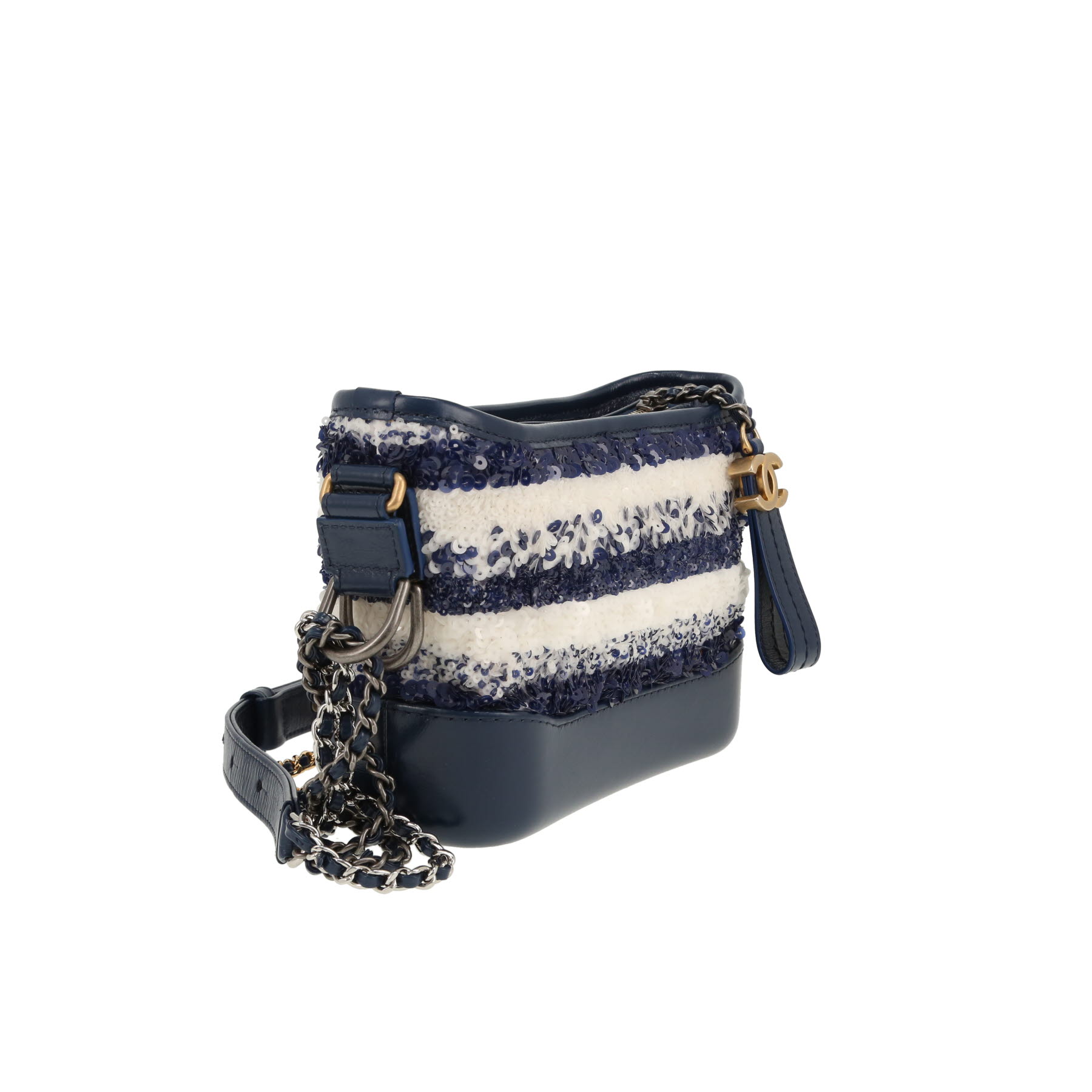 Chanel  Gabrielle  small model  shoulder bag  in navy blue and white paillette  and navy blue leather