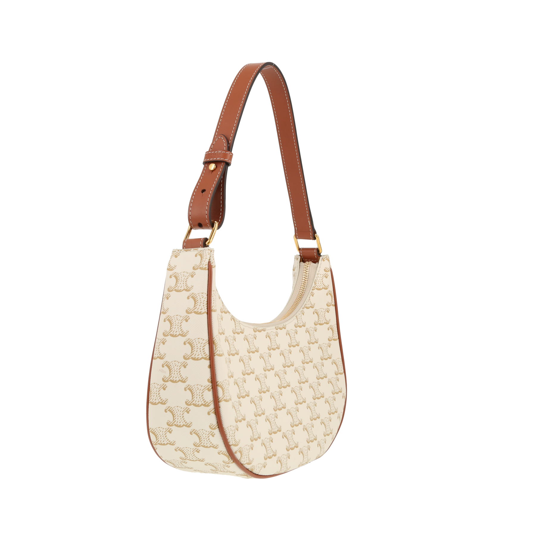 Celine  Ava medium model  handbag  in white "Triomphe" canvas  and brown leather