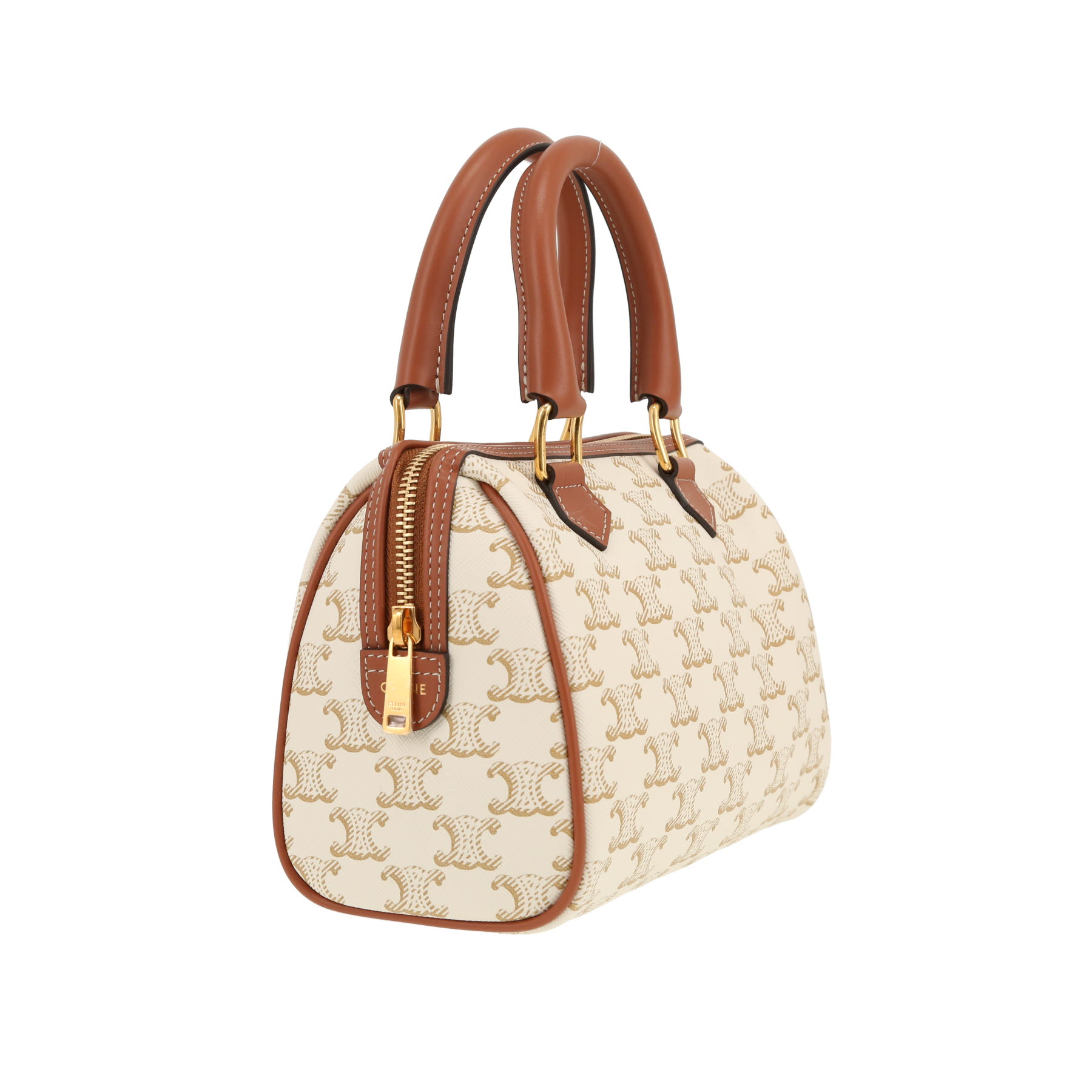Bolso de mano Celine  Boston en tejido "Triomphe" blanco y cuero marrón