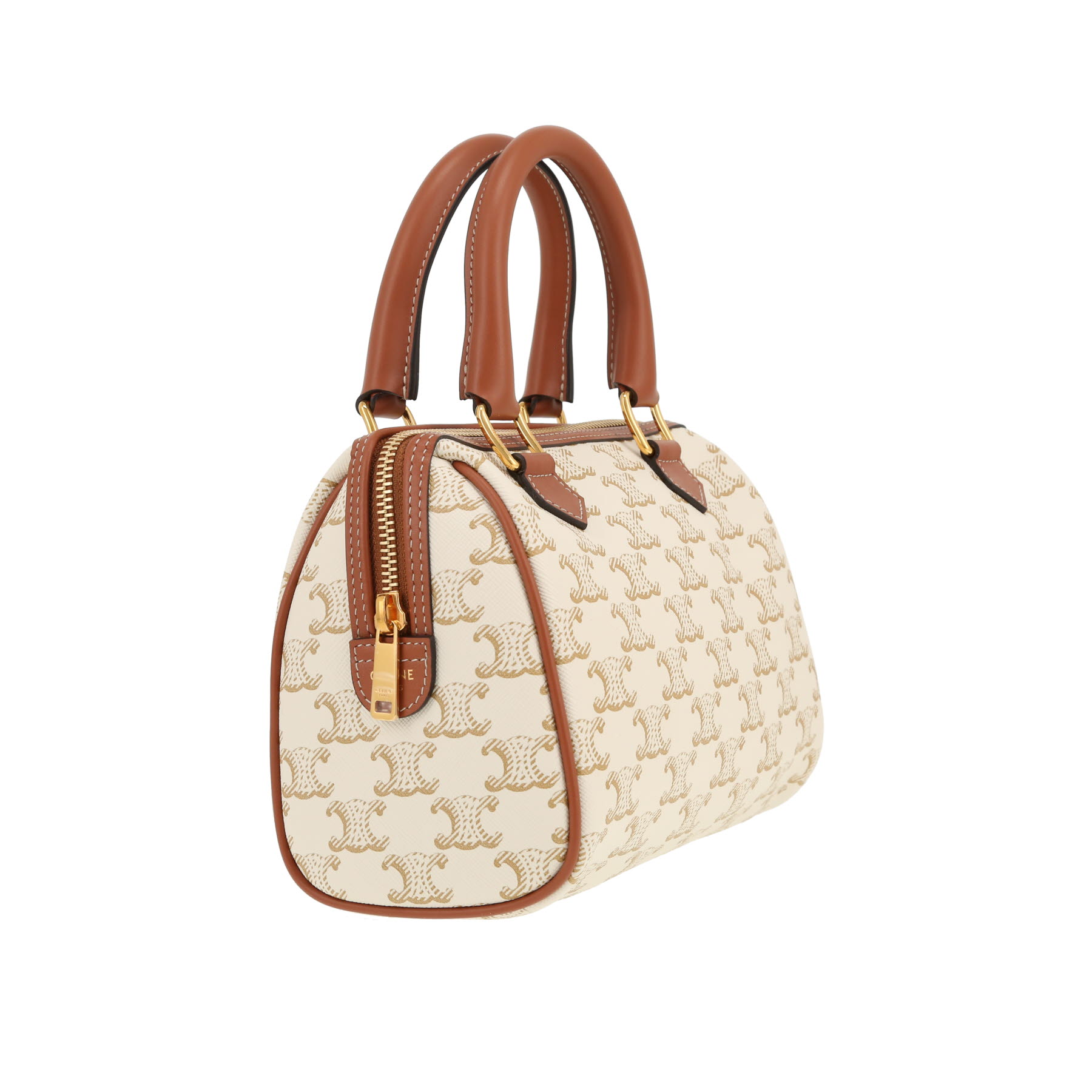 Celine  Boston handbag  in white "Triomphe" canvas  and brown leather