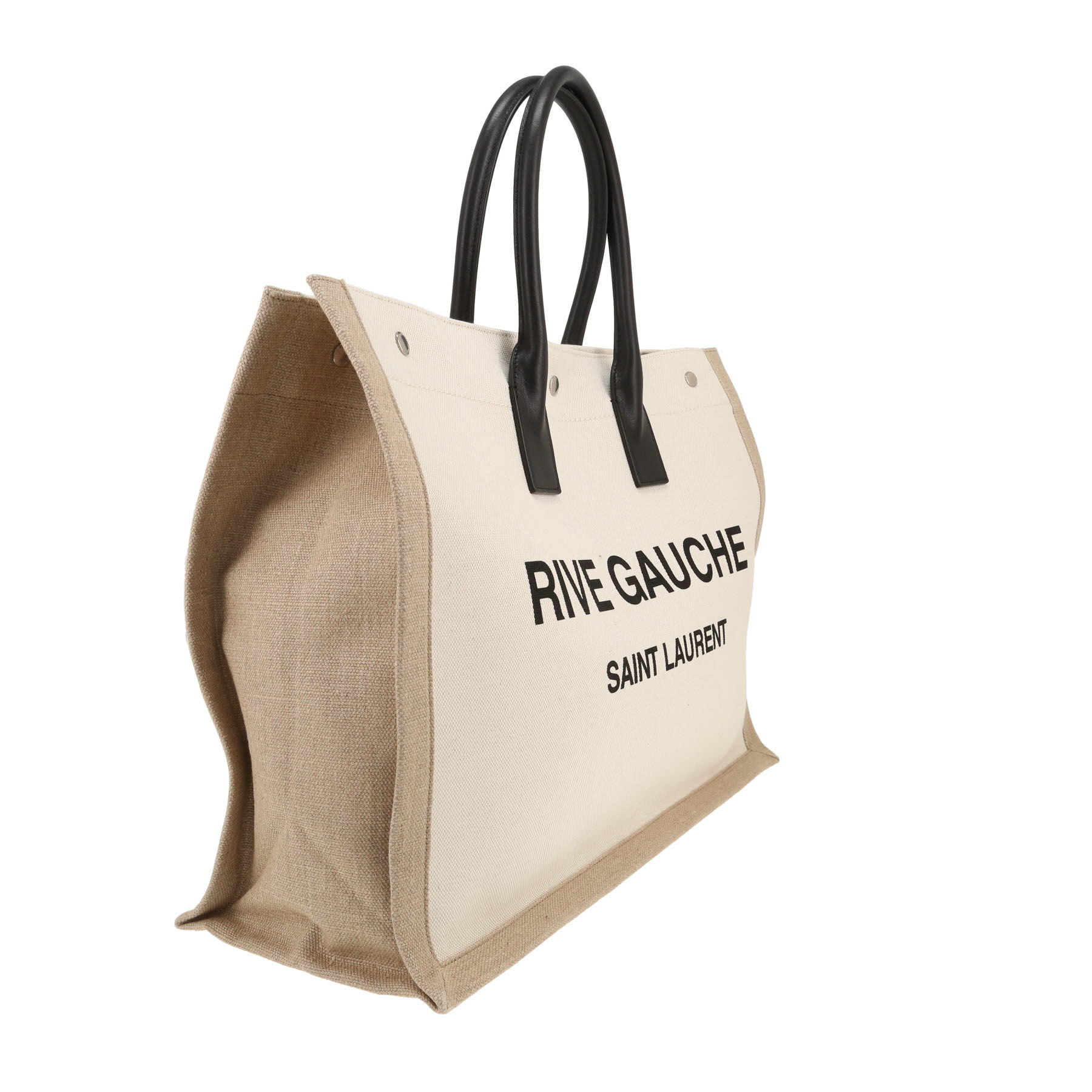 Bolso Cabás Saint Laurent  Rive Gauche en lona beige y blanca y cuero negro