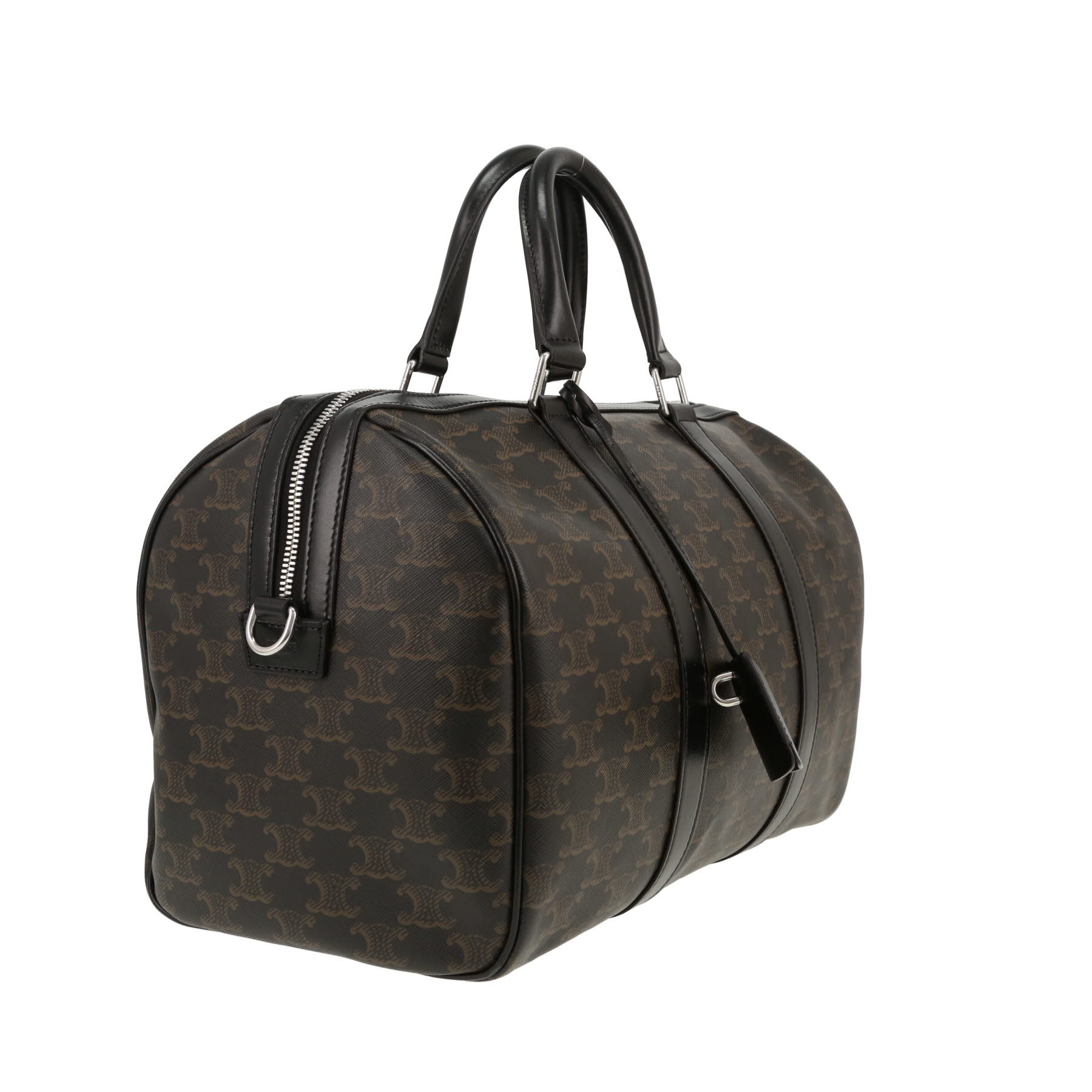 Sac à main Celine  Boston en toile Triomphe marron et cuir noir