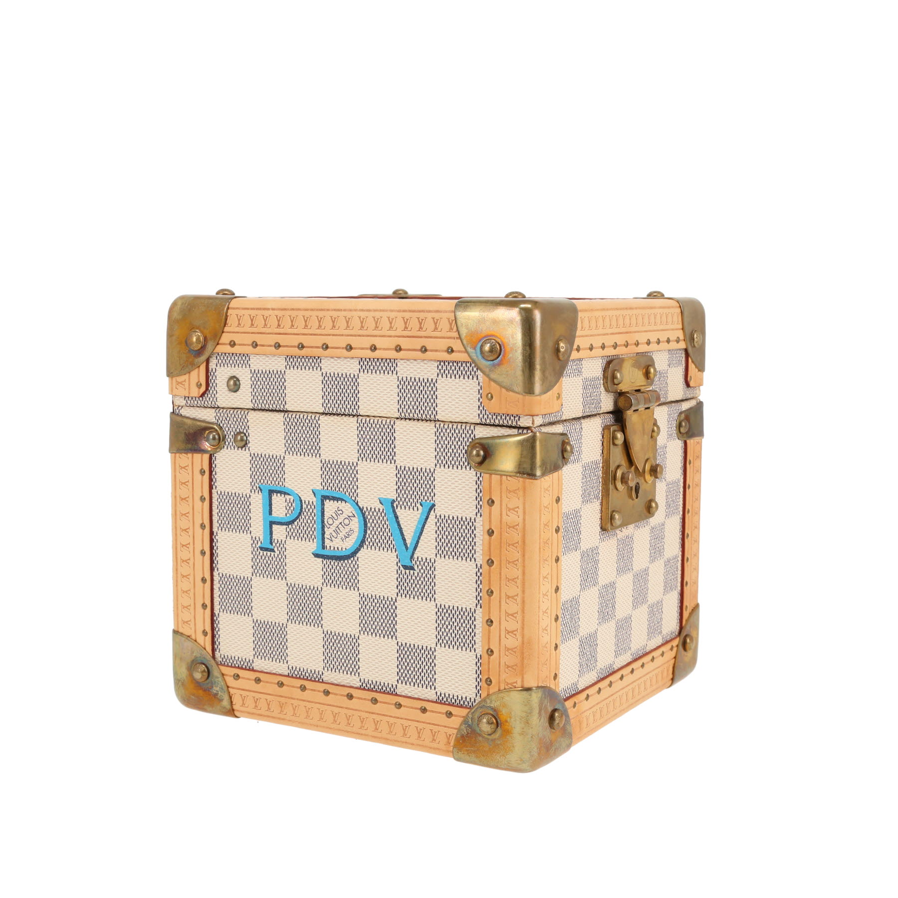 Malle Louis Vuitton  Coffret Merveilles en toile damier azur et cuir naturel