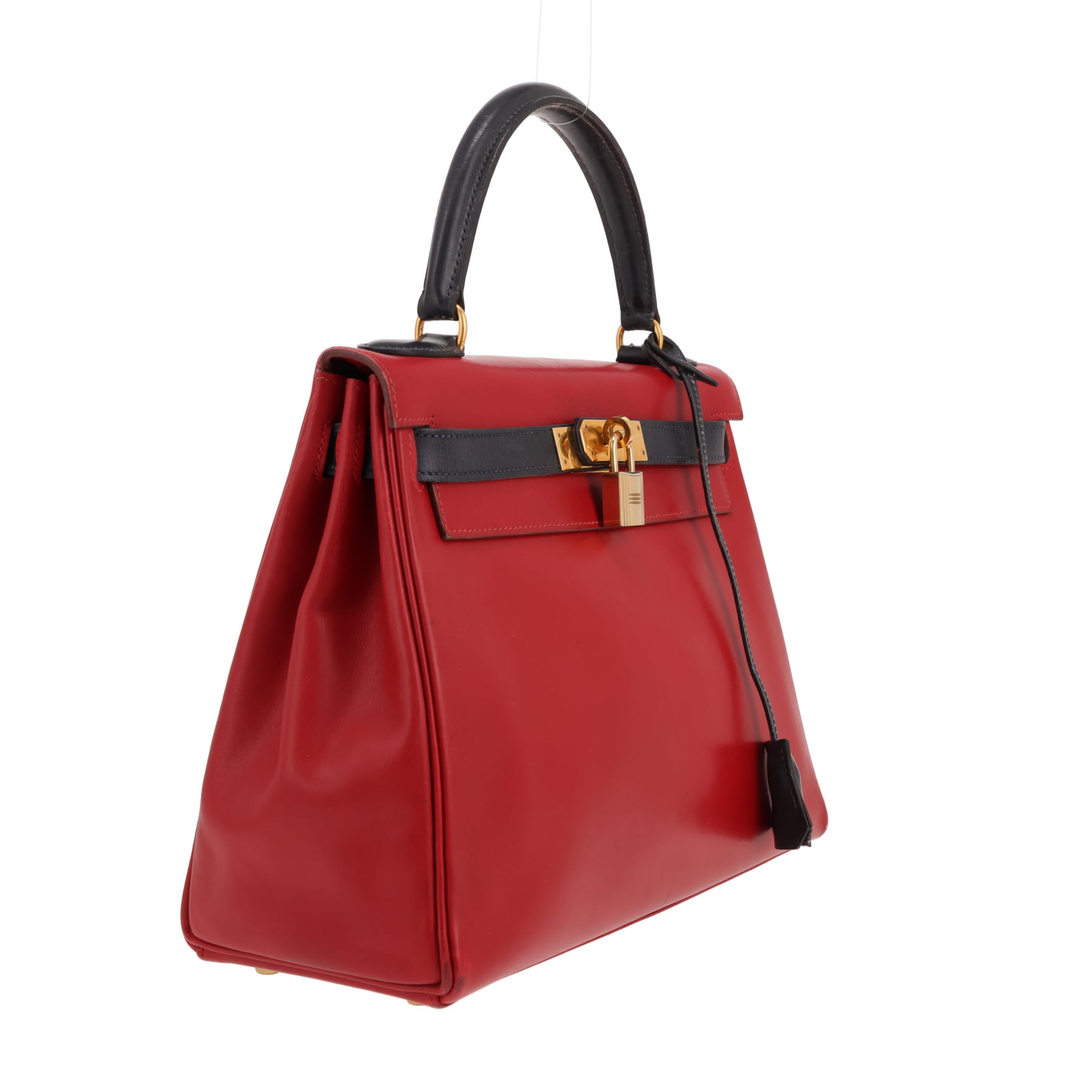 Bolso de mano Hermès  Kelly 28 cm en cuero box rojo Vif y azul indigo