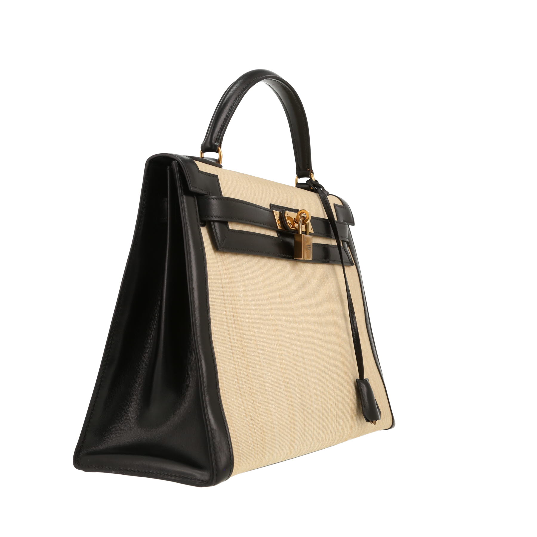 Sac à main Hermès  Kelly 32 cm en cuir box noir et crinoline beige