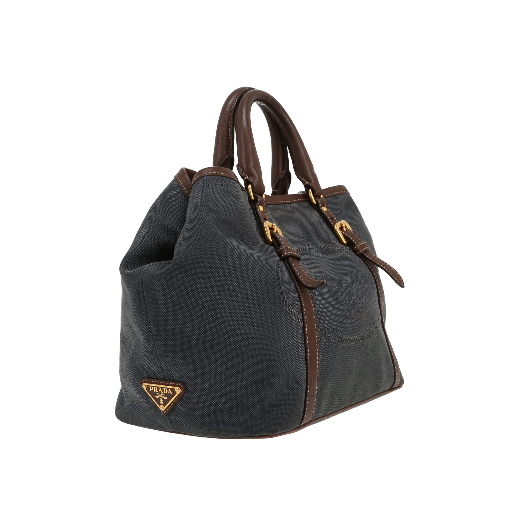 Prada   handbag  in navy blue canvas  and brown leather