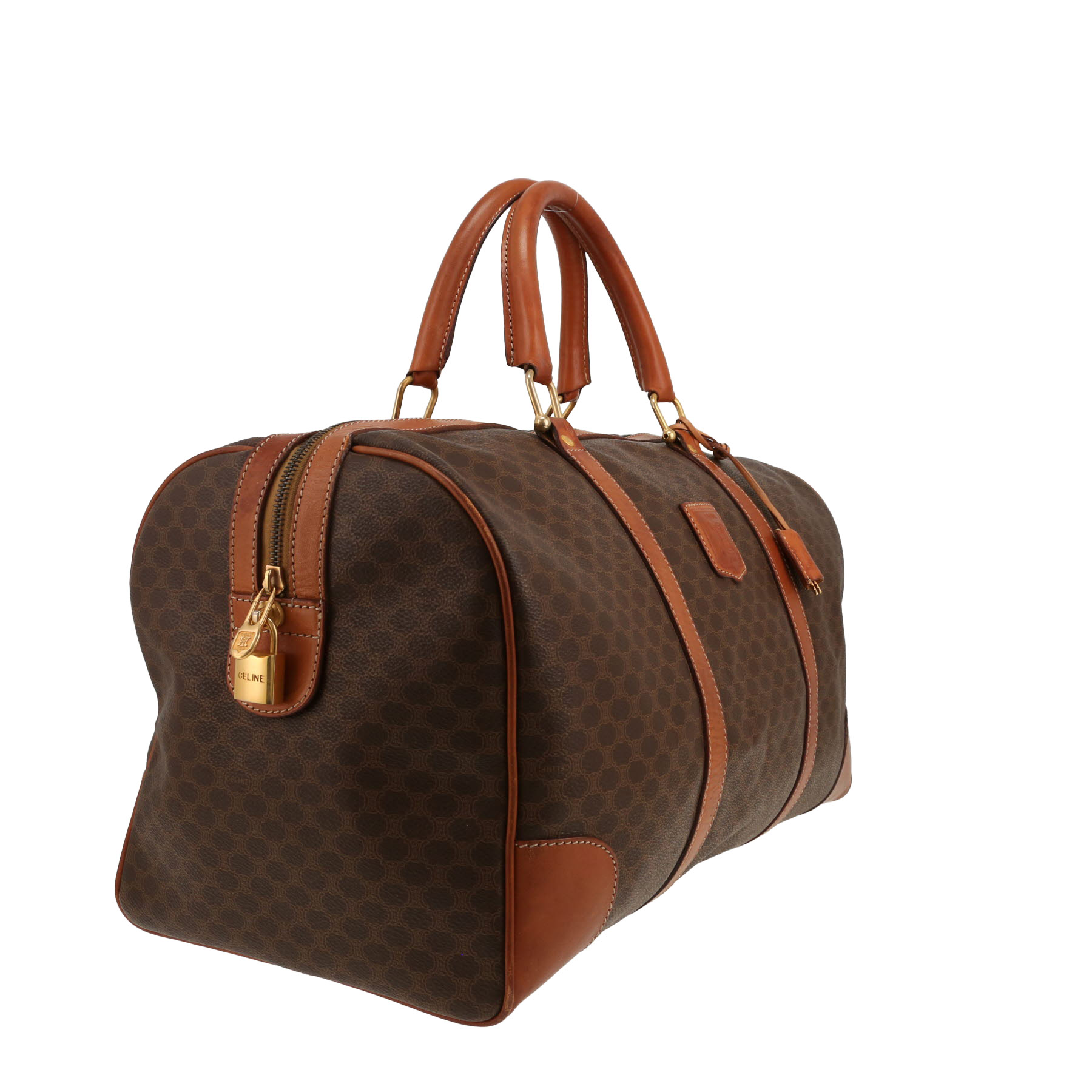 Borsa da viaggio Celine  Boston in tela "Triomphe" marrone e pelle marrone