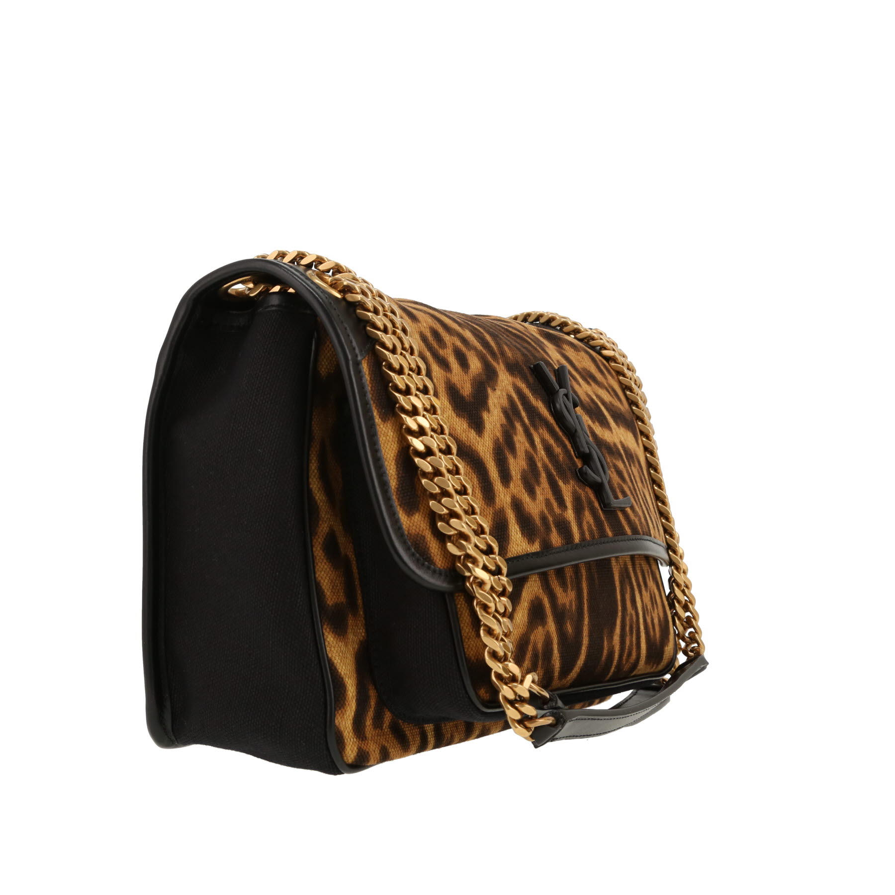 Sac bandoulière Saint Laurent  Niki en toile noire et marron et cuir noir