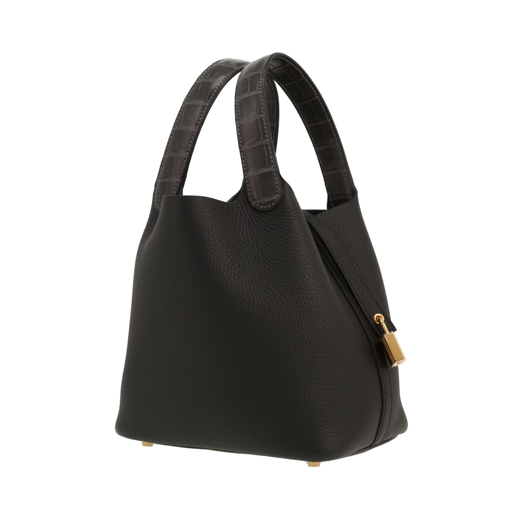 Sac à main Hermès  Picotin 18 cm en cuir taurillon clémence noir et alligator gris Graphite