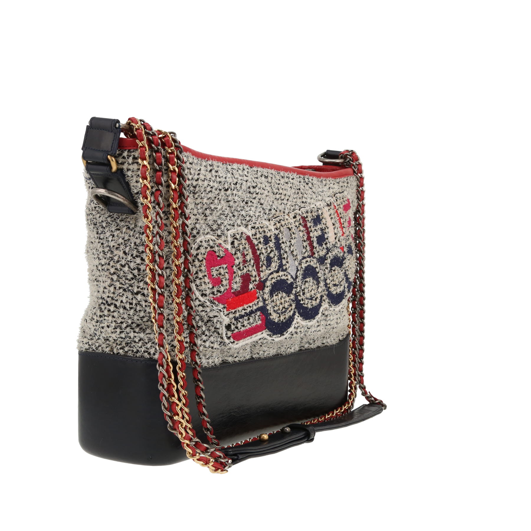 Sac bandoulière Chanel  Gabrielle  grand modèle  en toile jersey noire et blanche et cuir noir