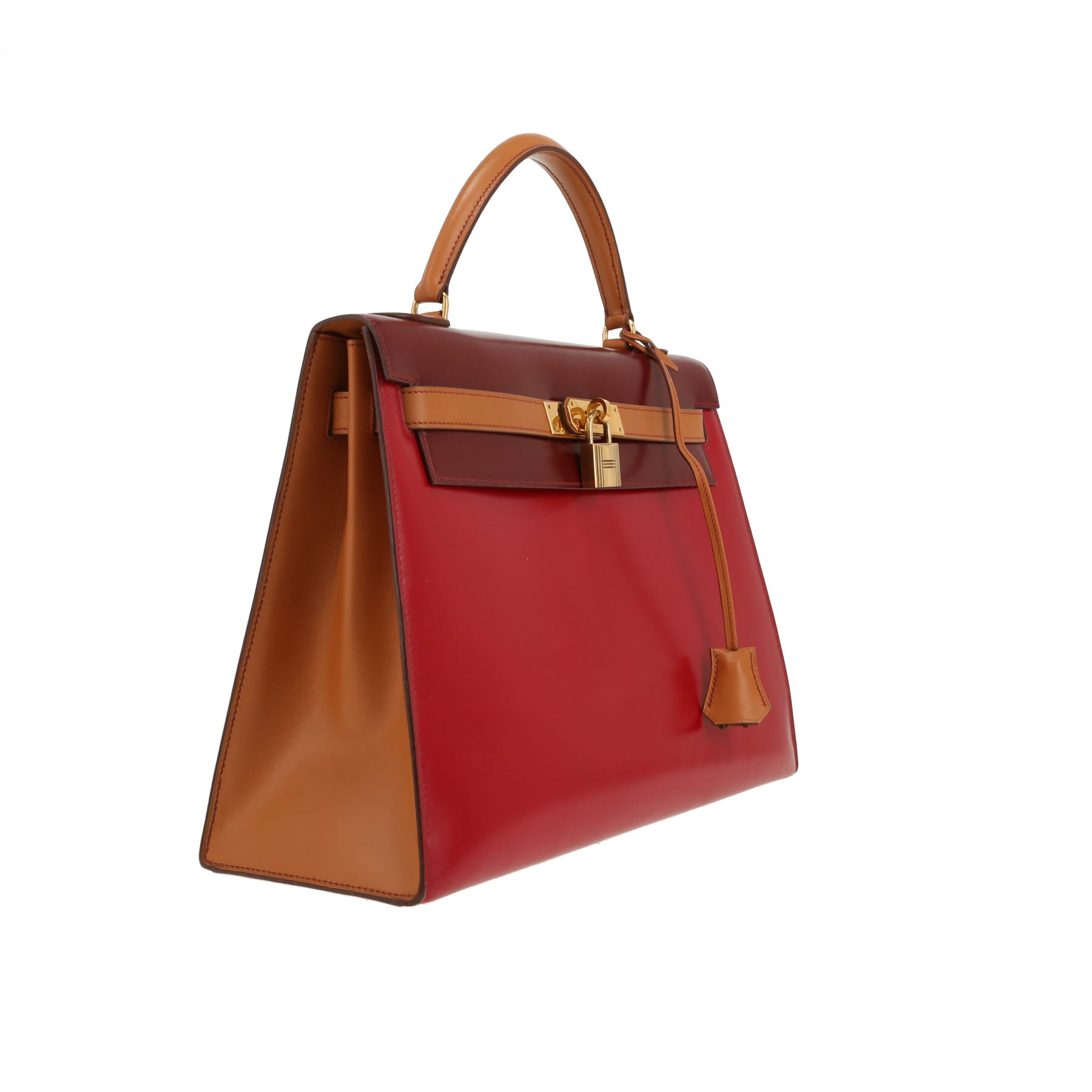 Hermès  Kelly 32 cm handbag  in red, burgundy and gold box leather