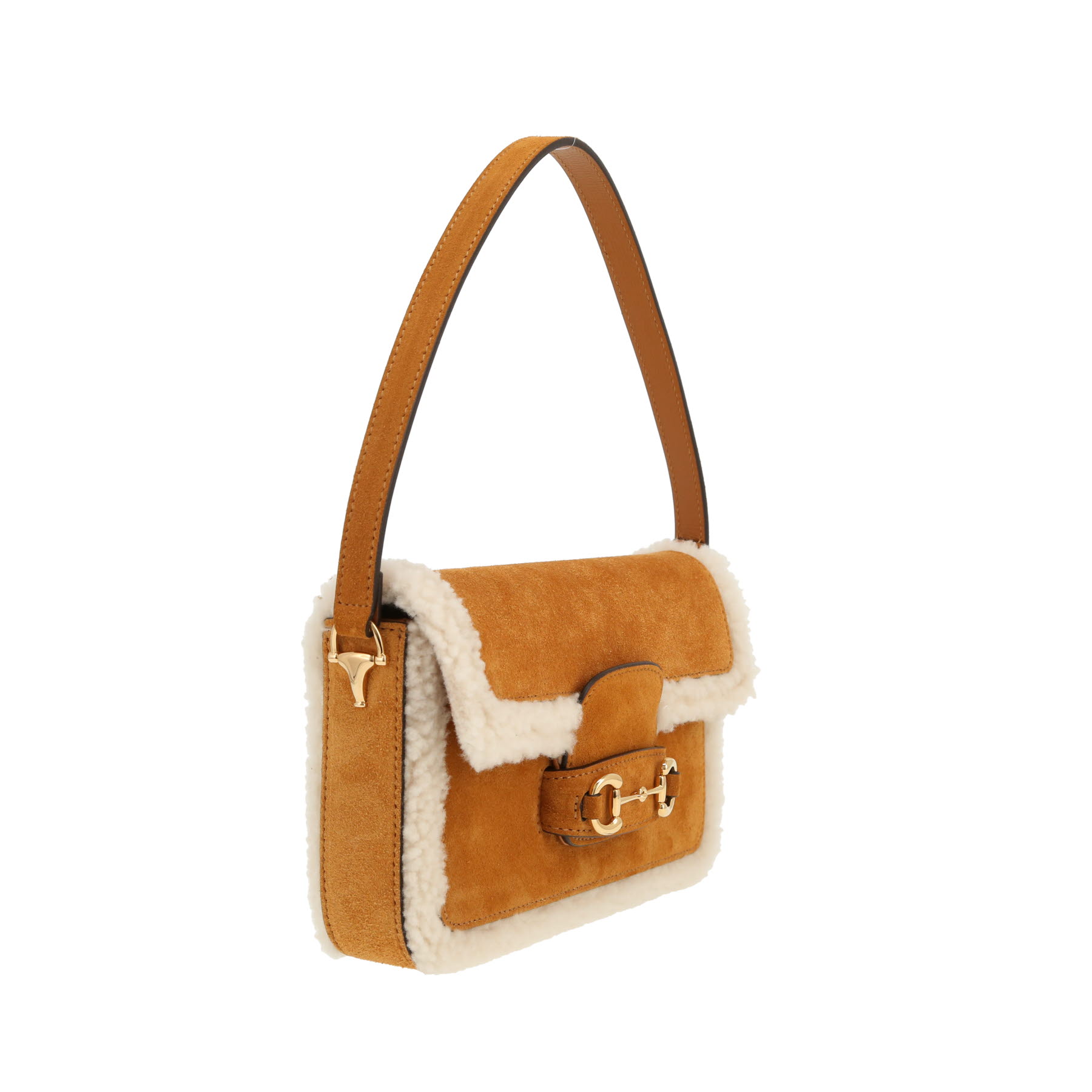 Gucci  1955 Horsebit handbag  in brown Veau velours  and beige skin-out fur