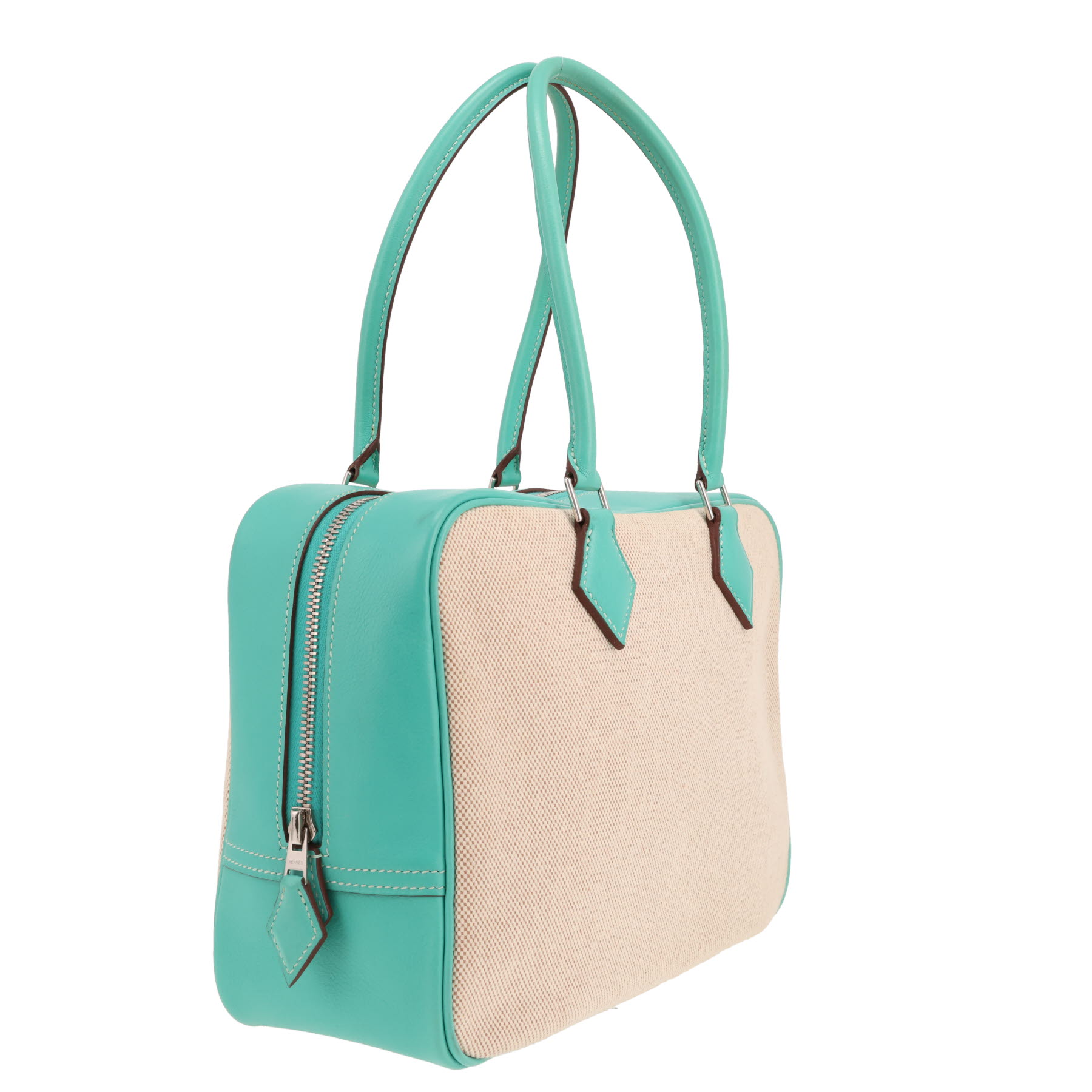 Hermès  Plume handbag  in turquoise leather  and beige canvas