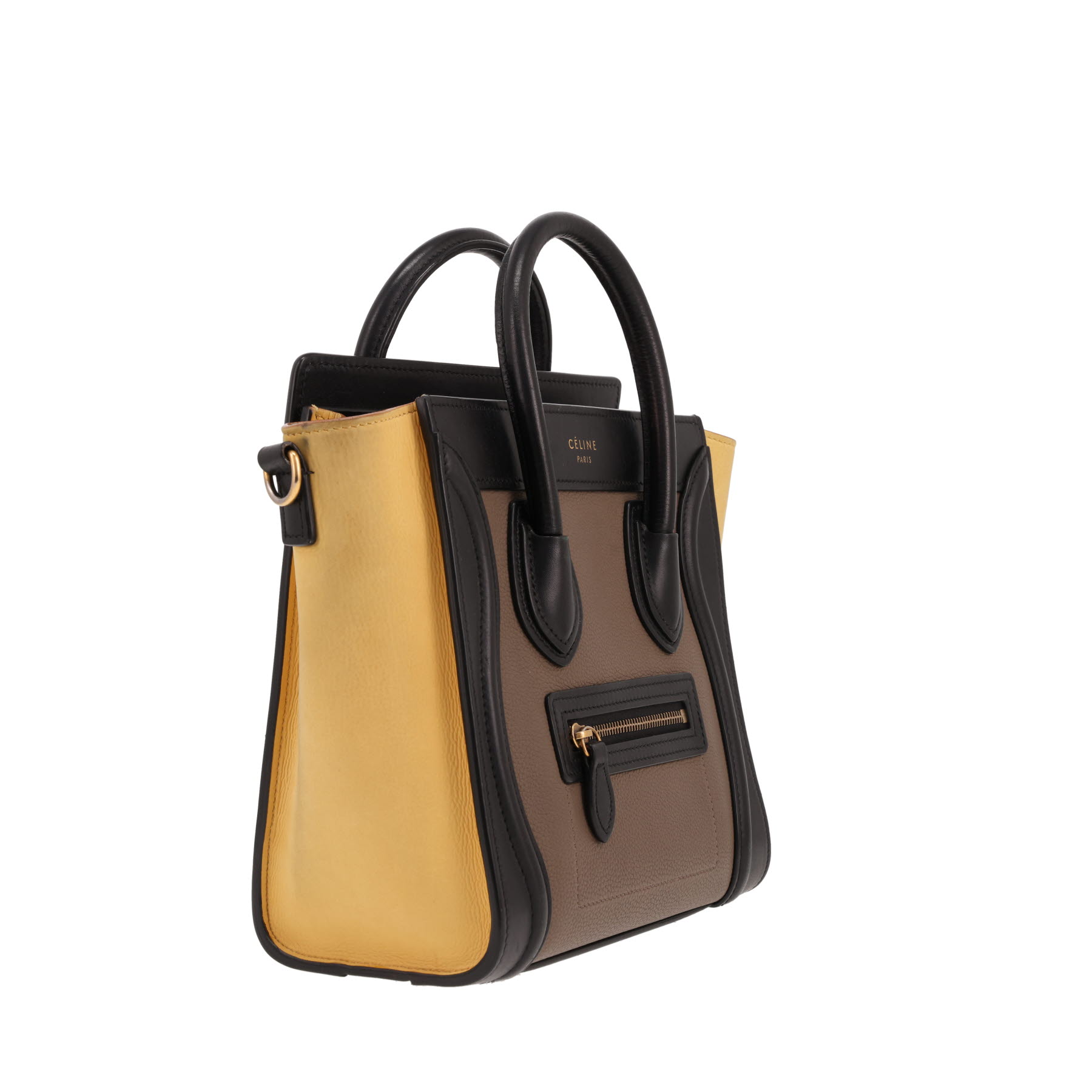 Borsa a tracolla Celine  Luggage Nano in pelle nera color talpa e gialla