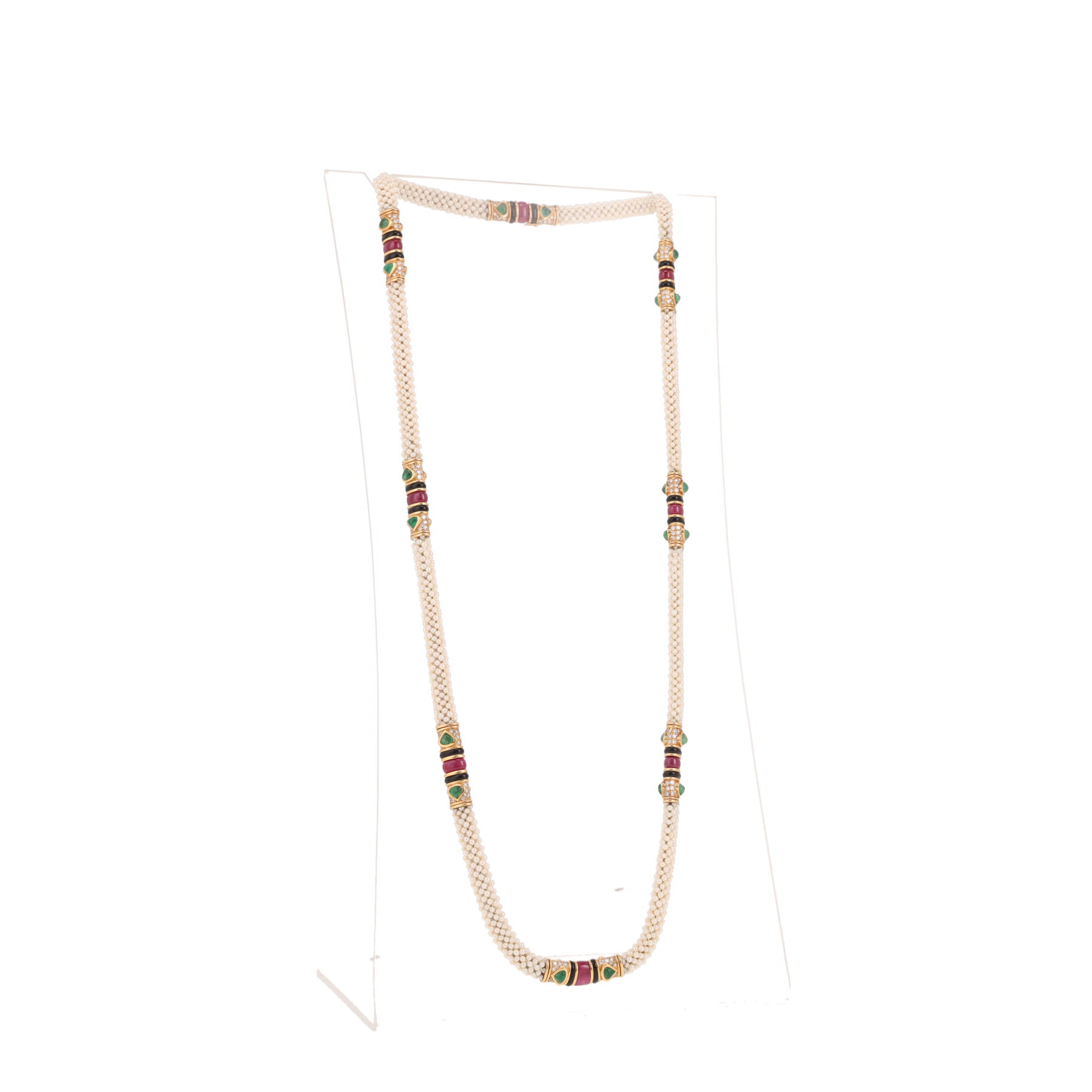 Marina B 1980's necklace in yellow gold, cultured pearls, onyx, rubies, emeralds and diamonds