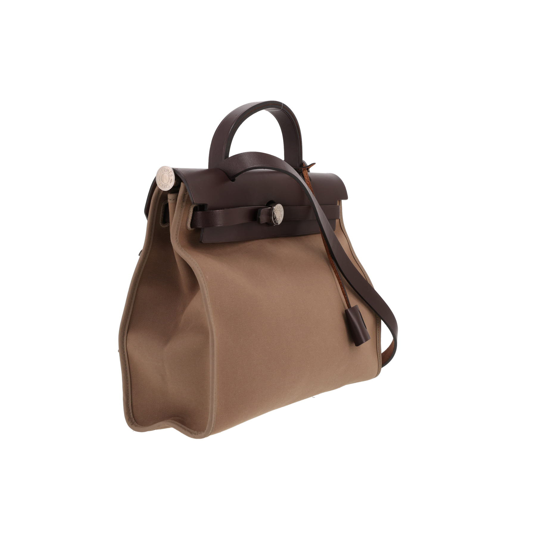 Hermès  Herbag bag worn on the shoulder or carried in the hand  in taupe canvas  and brown leather